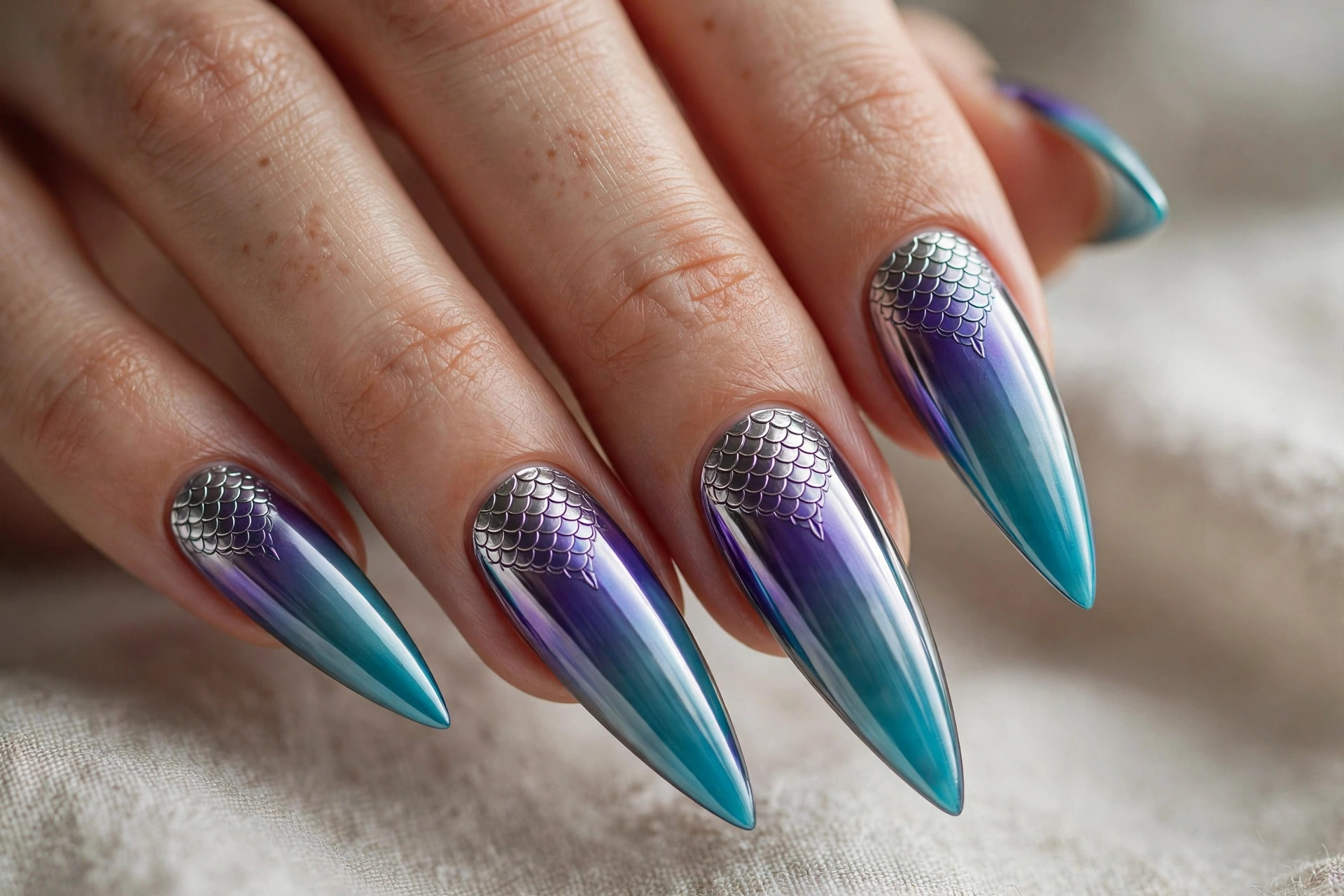 Turquoise to violet gradient stiletto mermaid nails