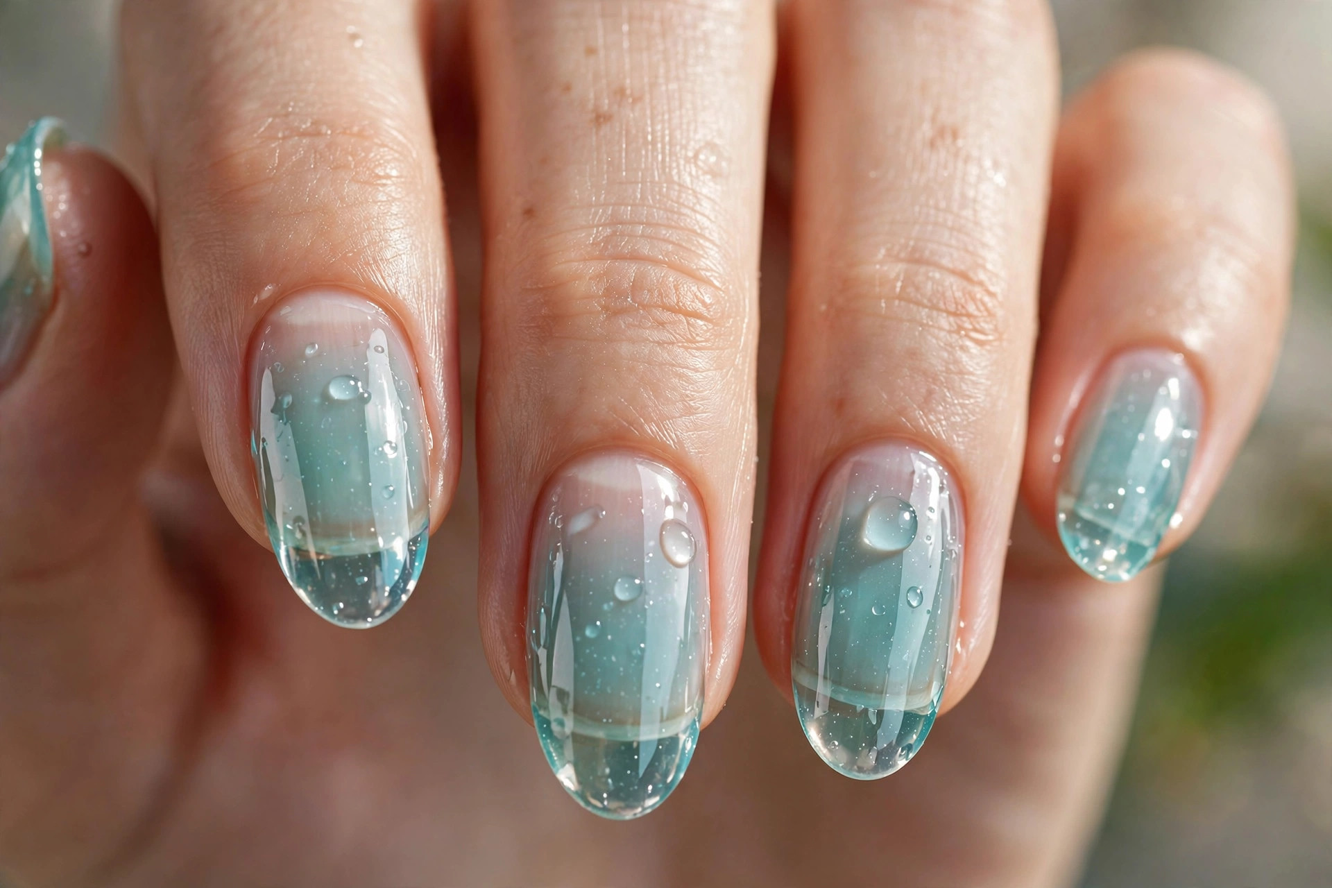 Translucent aquamarine jelly nails with glassy finish