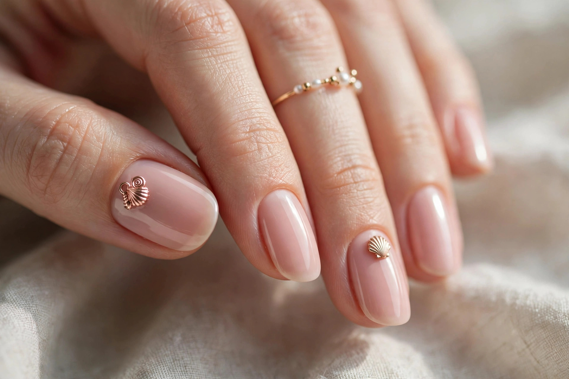 Blush pink nails with rose-gold seashell charms