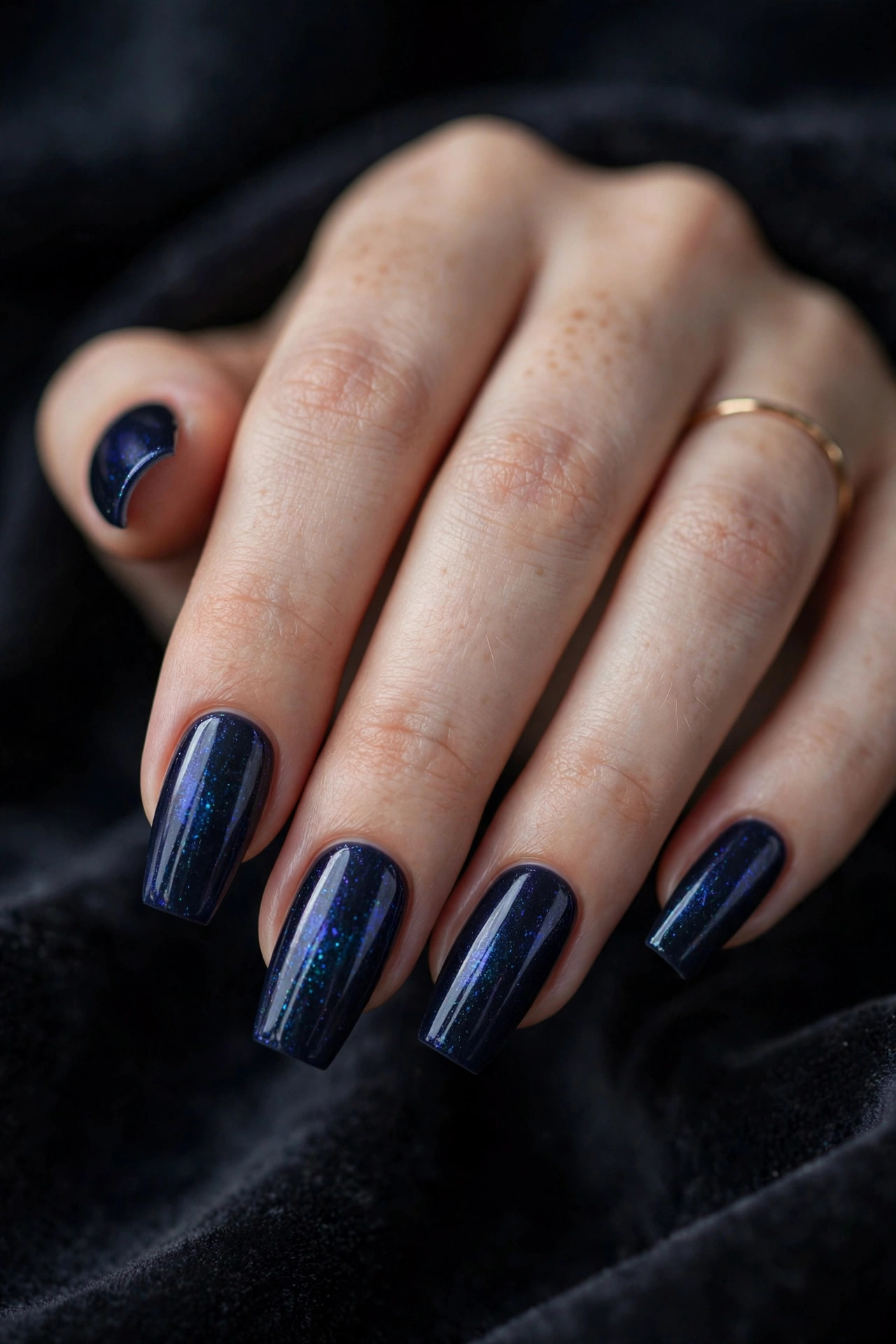Deep navy coffin nails with holographic shimmer