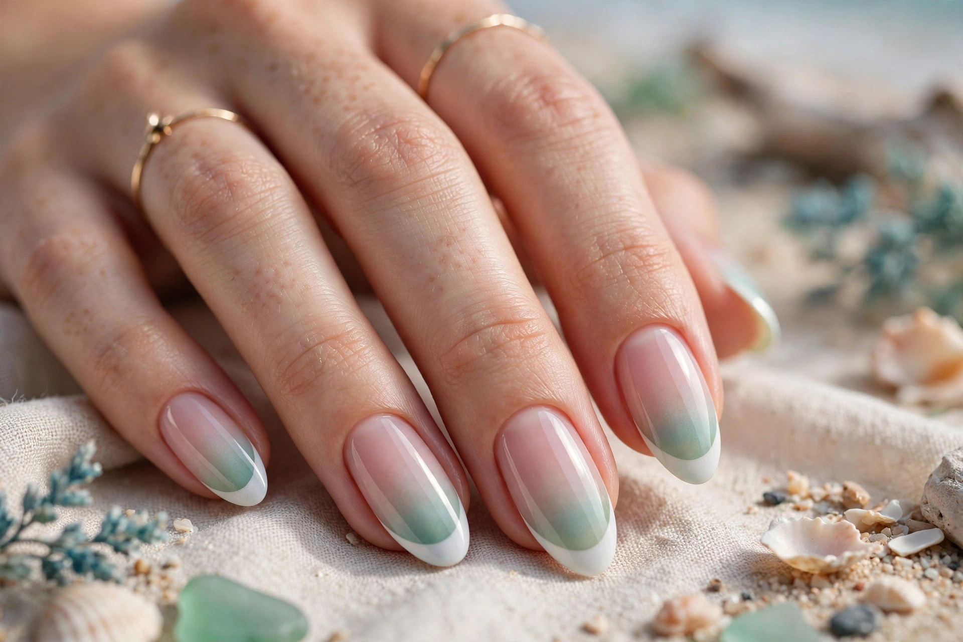 French manicure with seafoam green faded tips