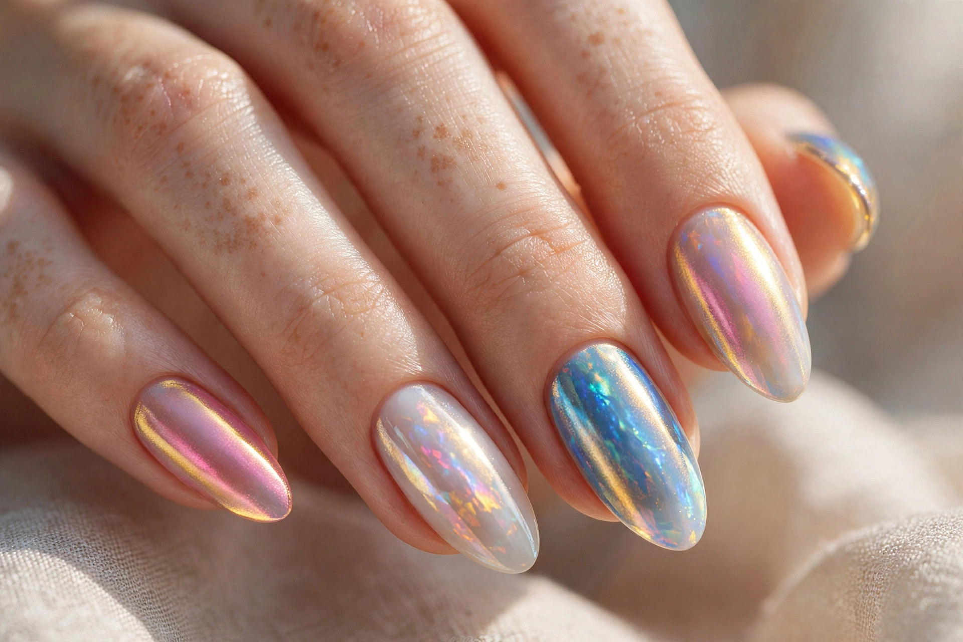 Opal chrome almond nails shifting pink blue and gold