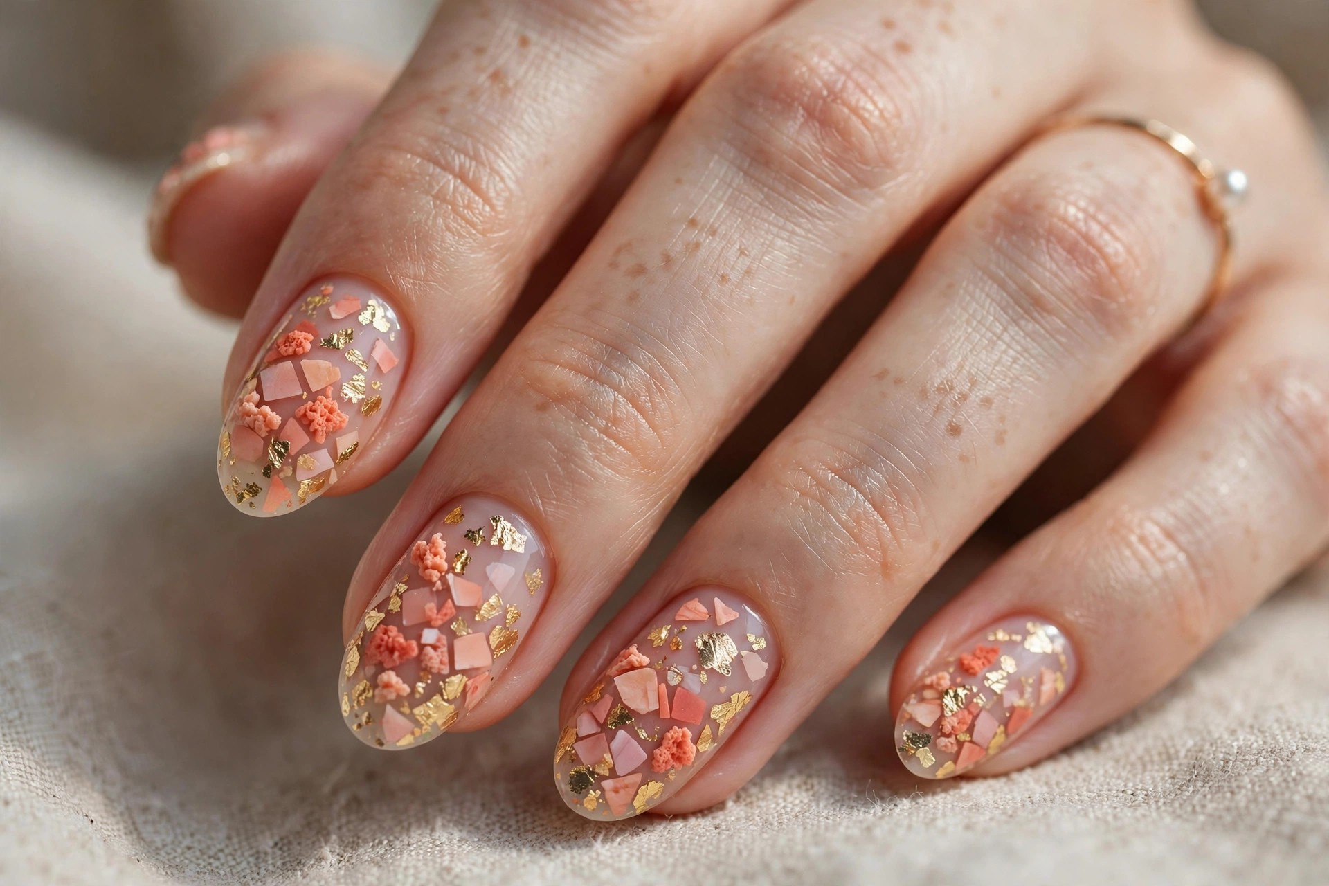 Coral peach and gold foil reef mosaic nail art
