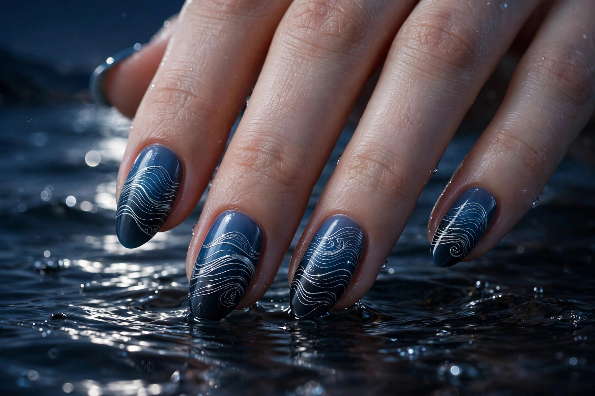 Silver wave line art over midnight blue gradient nails