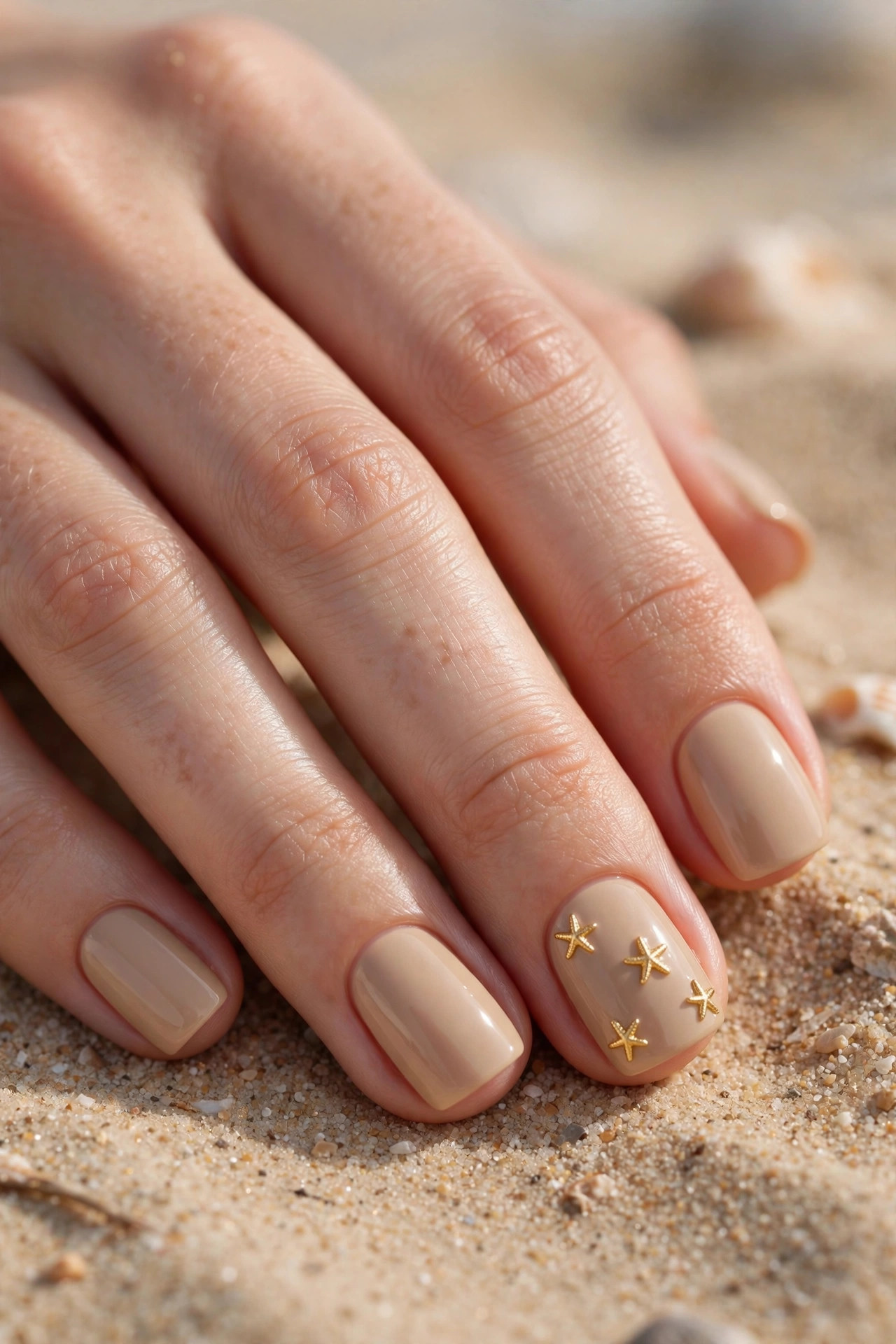 Sand beige square nails with gold starfish studs