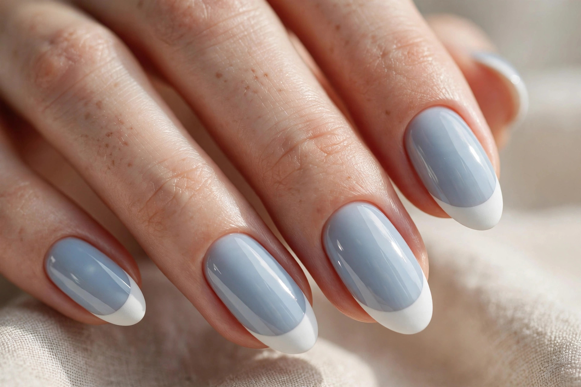 Pale blue nails with matte white sea-salt tips