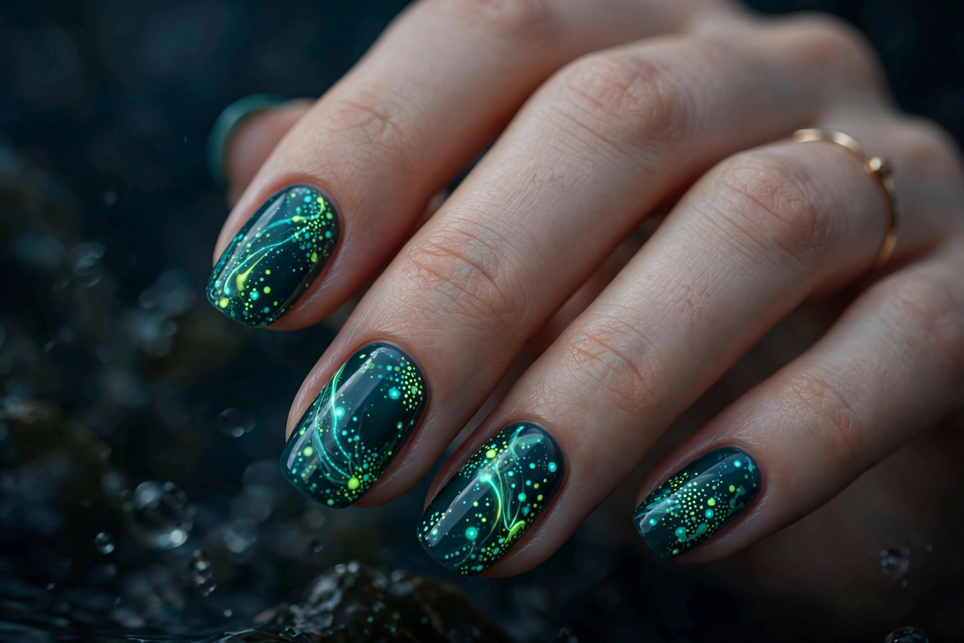 Dark teal nails with neon aqua bioluminescent glow accents