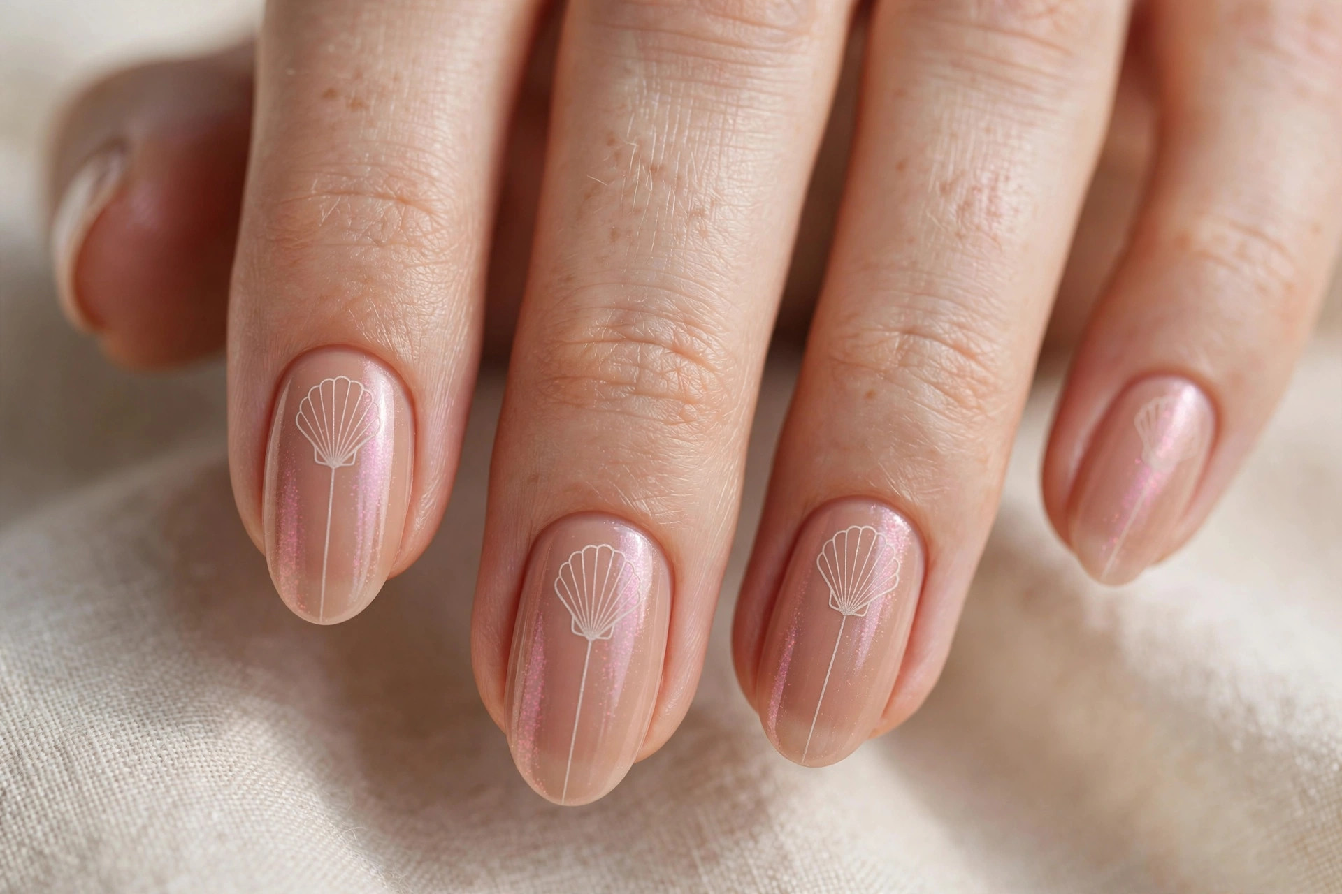 Warm nude nails with etched clamshell line detail