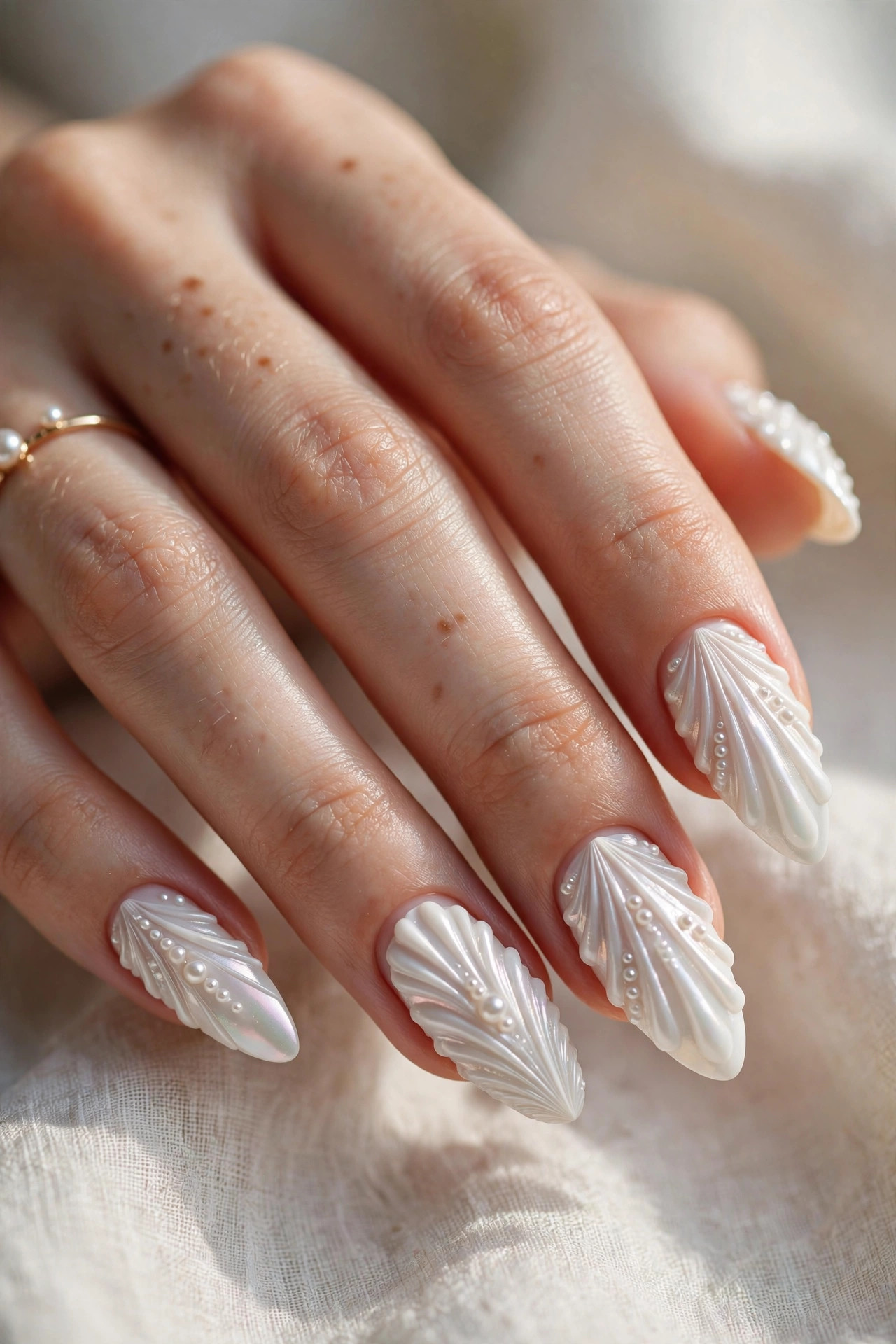Sculpted pearly white 3D seashell texture nails