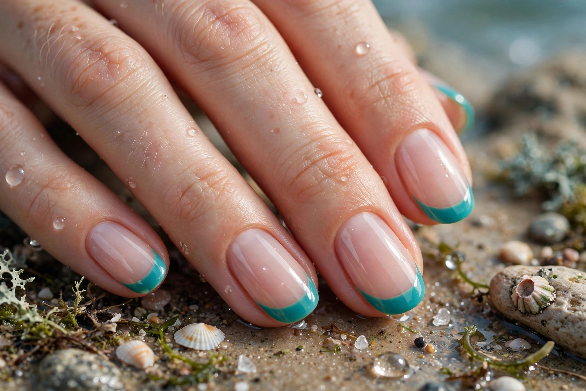 French manicure with tide-pool teal tips