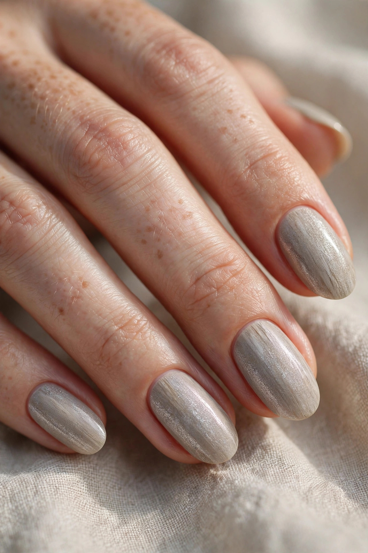 Driftwood gray-beige nails with silver shimmer