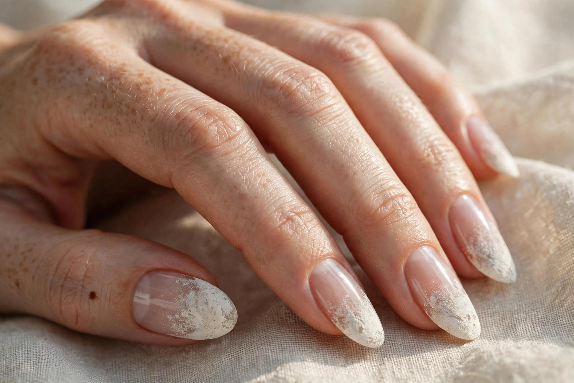 Chalky ivory sun-bleached tips over natural nails