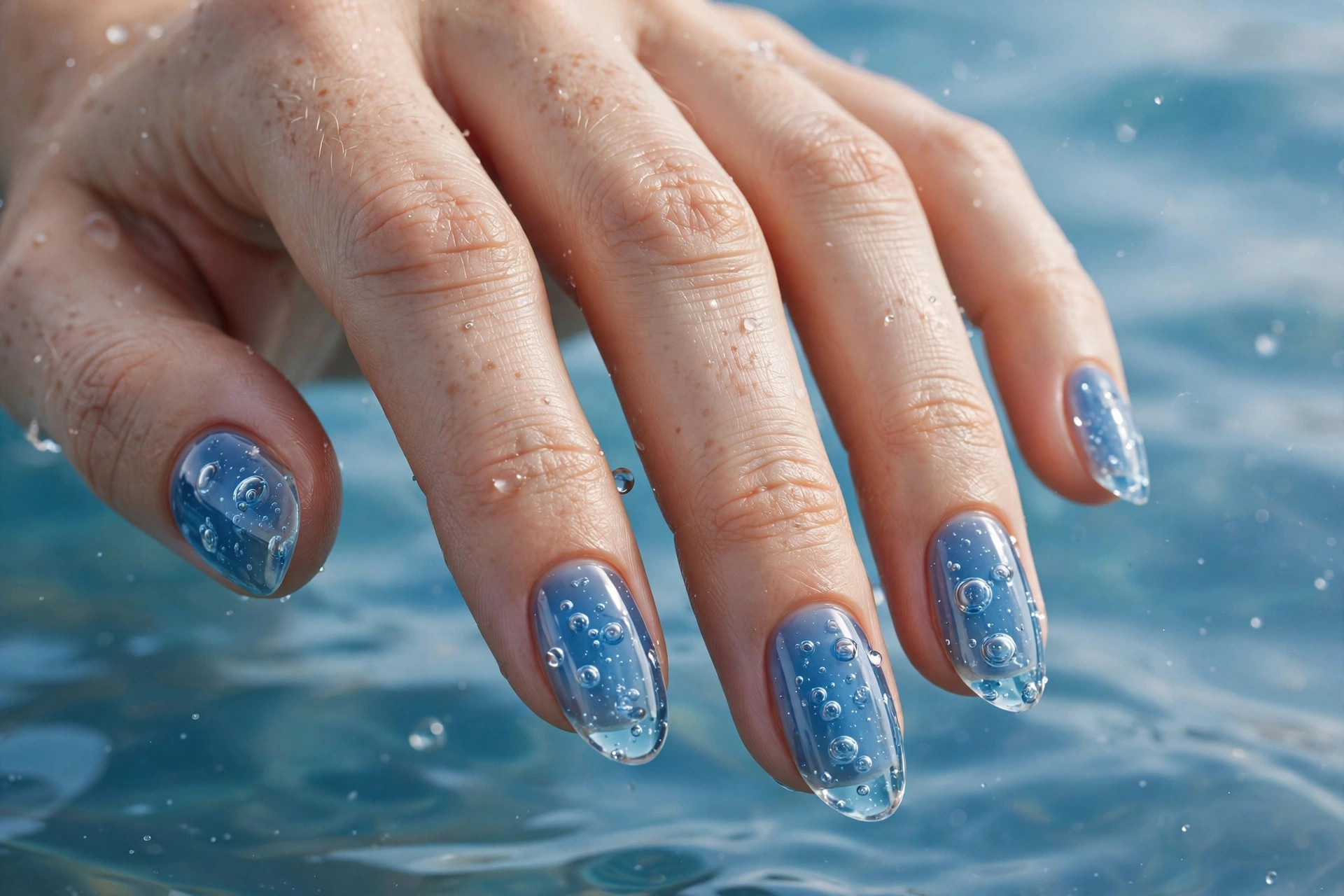 Lagoon blue jelly nails with suspended water bubbles
