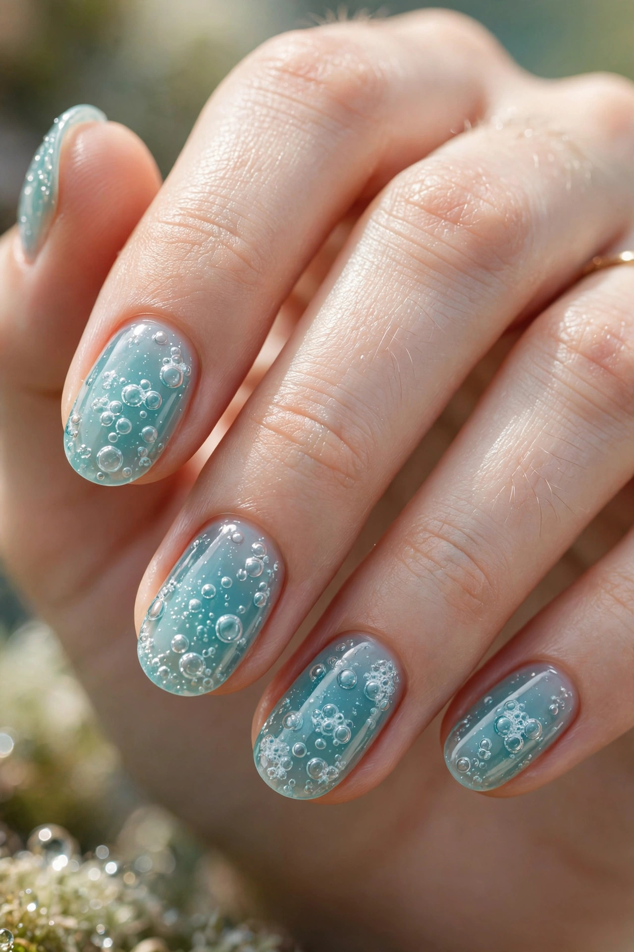 Sheer aqua nails with raised bubble details