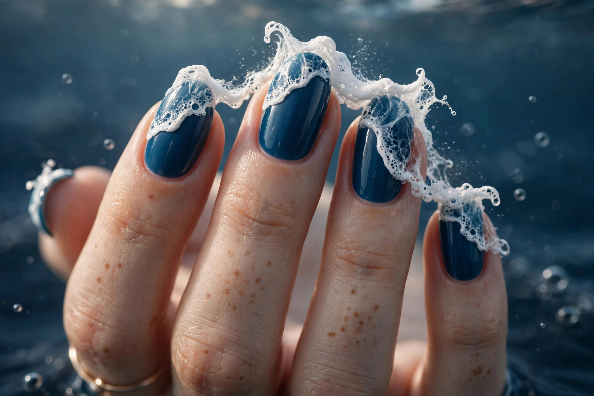 Ocean blue nails with white foam-crested tips
