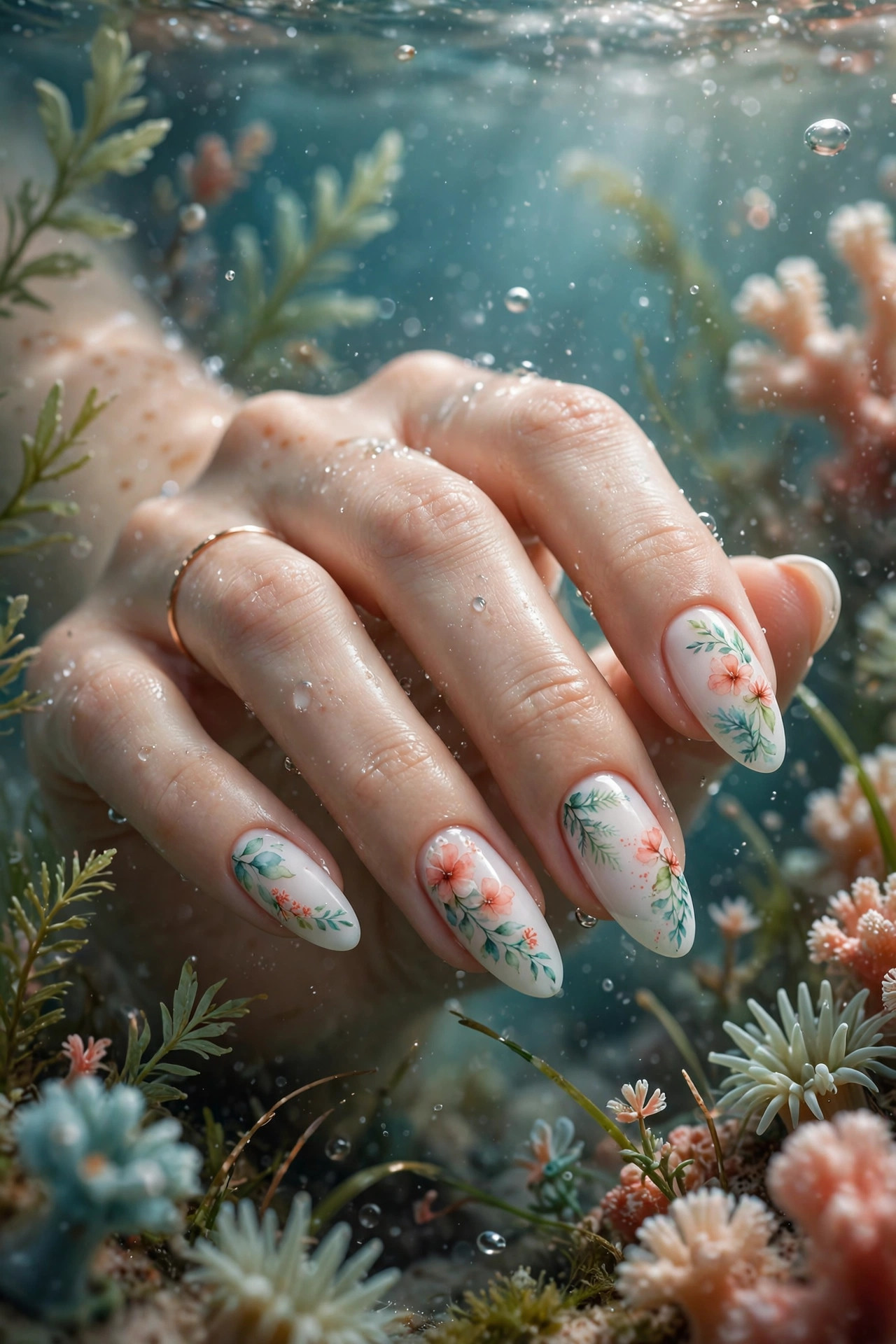 Coral and sea-green watercolor floral nail art