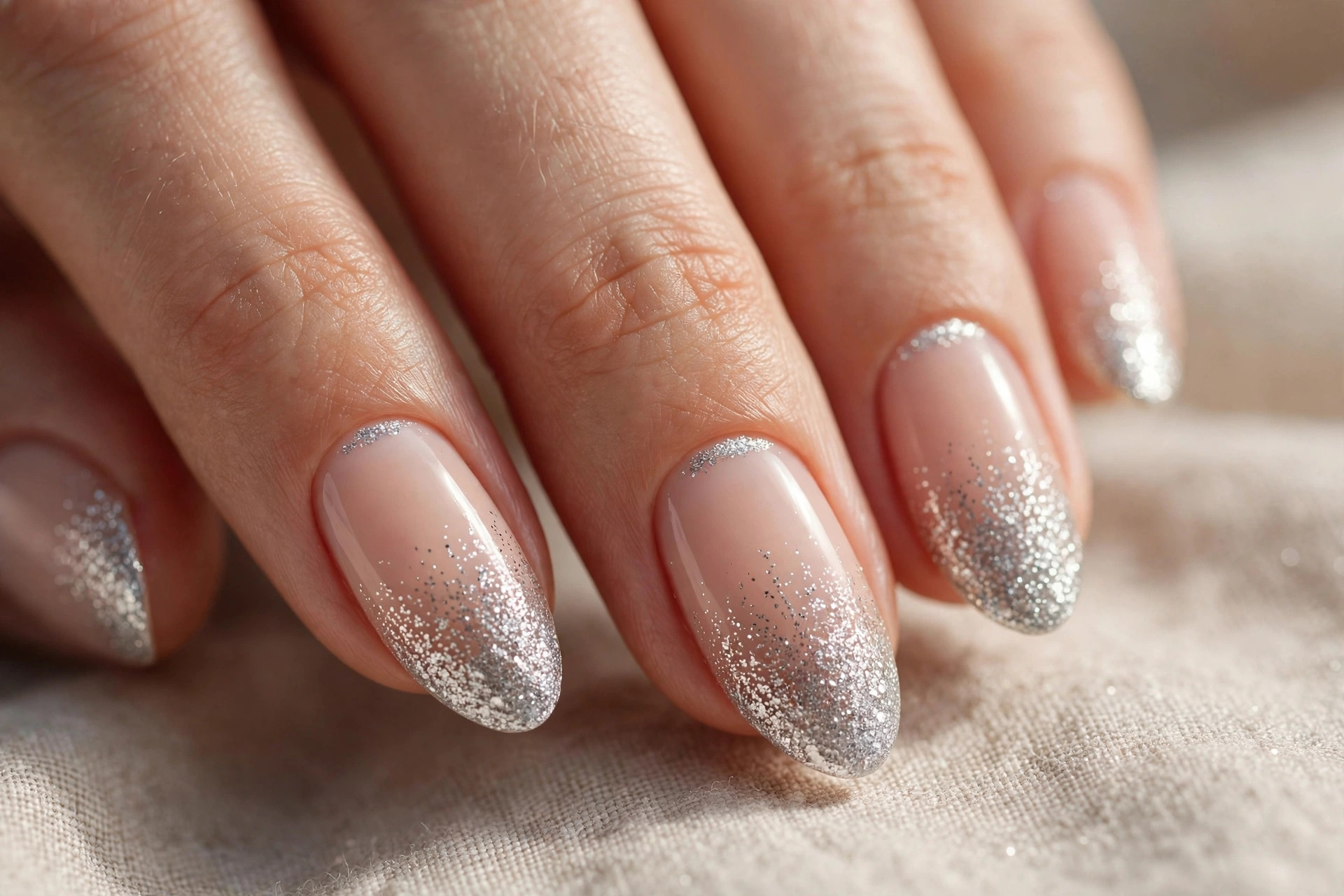 Silver glitter gradient fading over nude nails