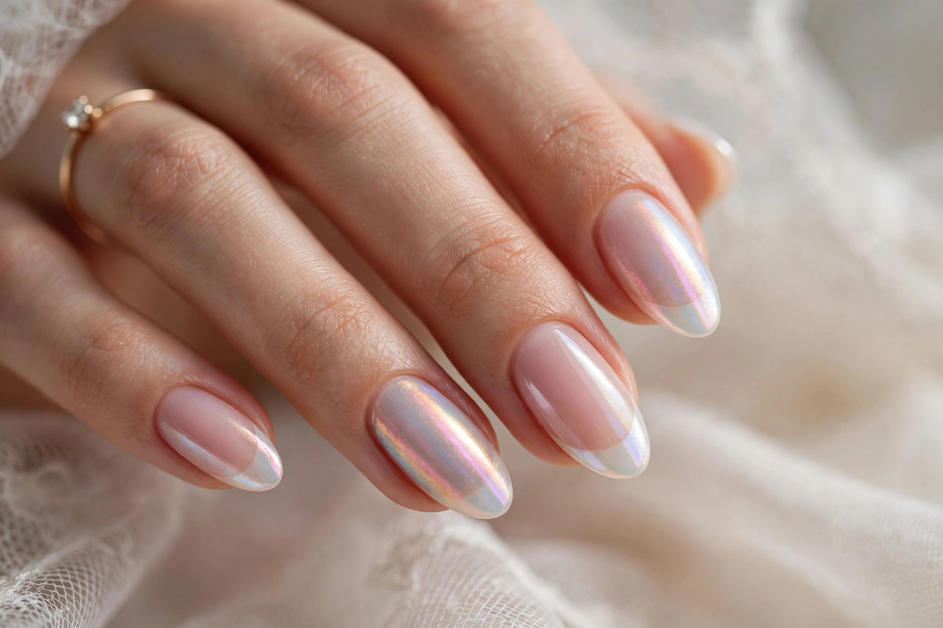 Opalescent French tips over sheer blush base