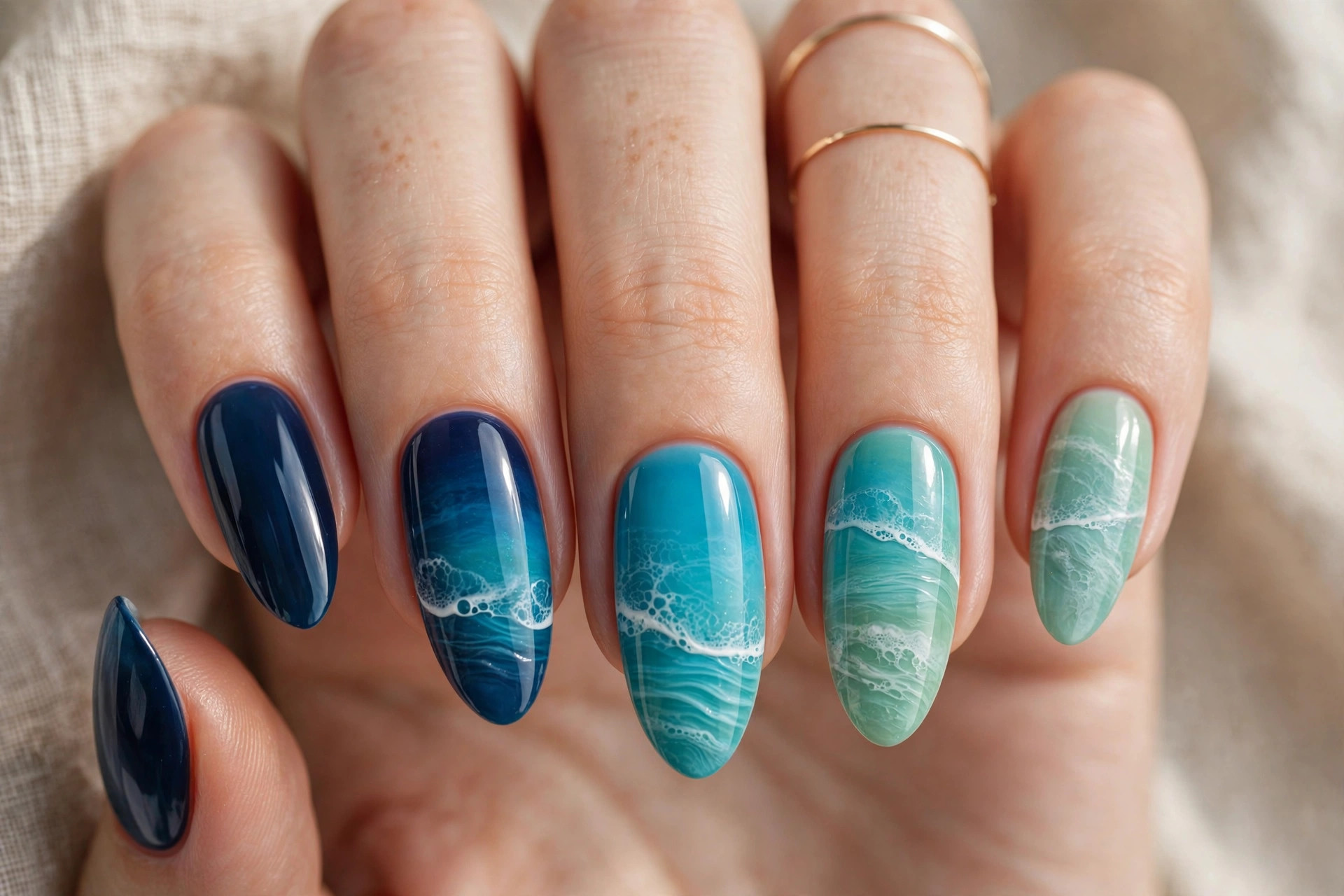 Navy to turquoise to seafoam wave ombre nails