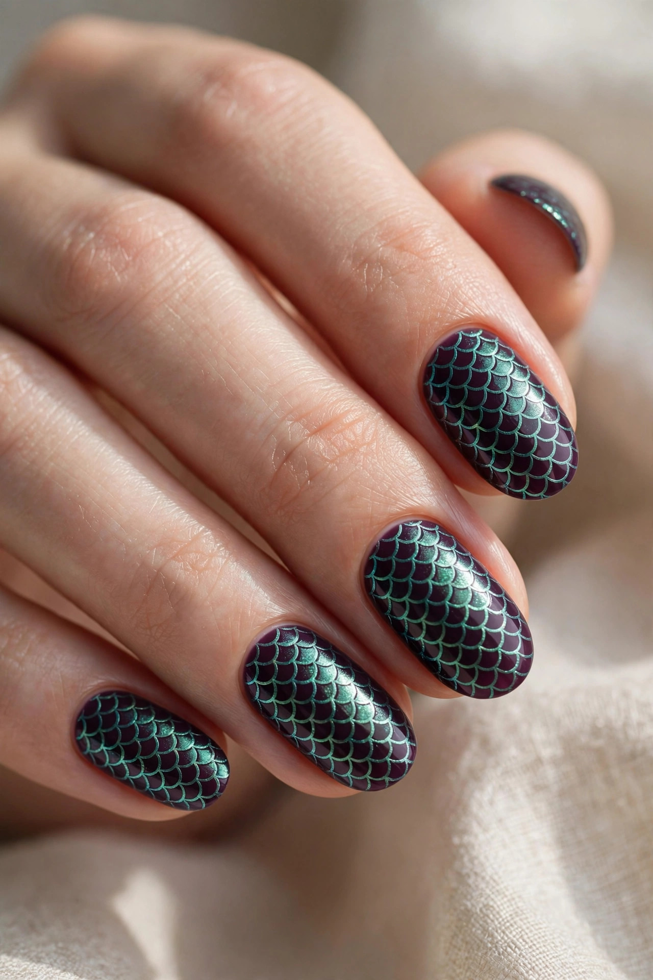 Metallic teal mermaid scales over deep plum base