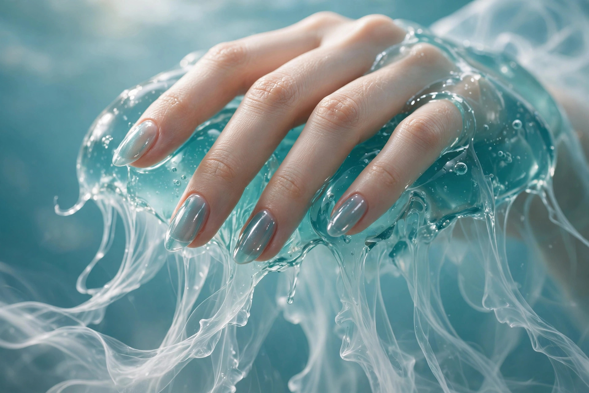 Translucent teal jellyfish glow nail art