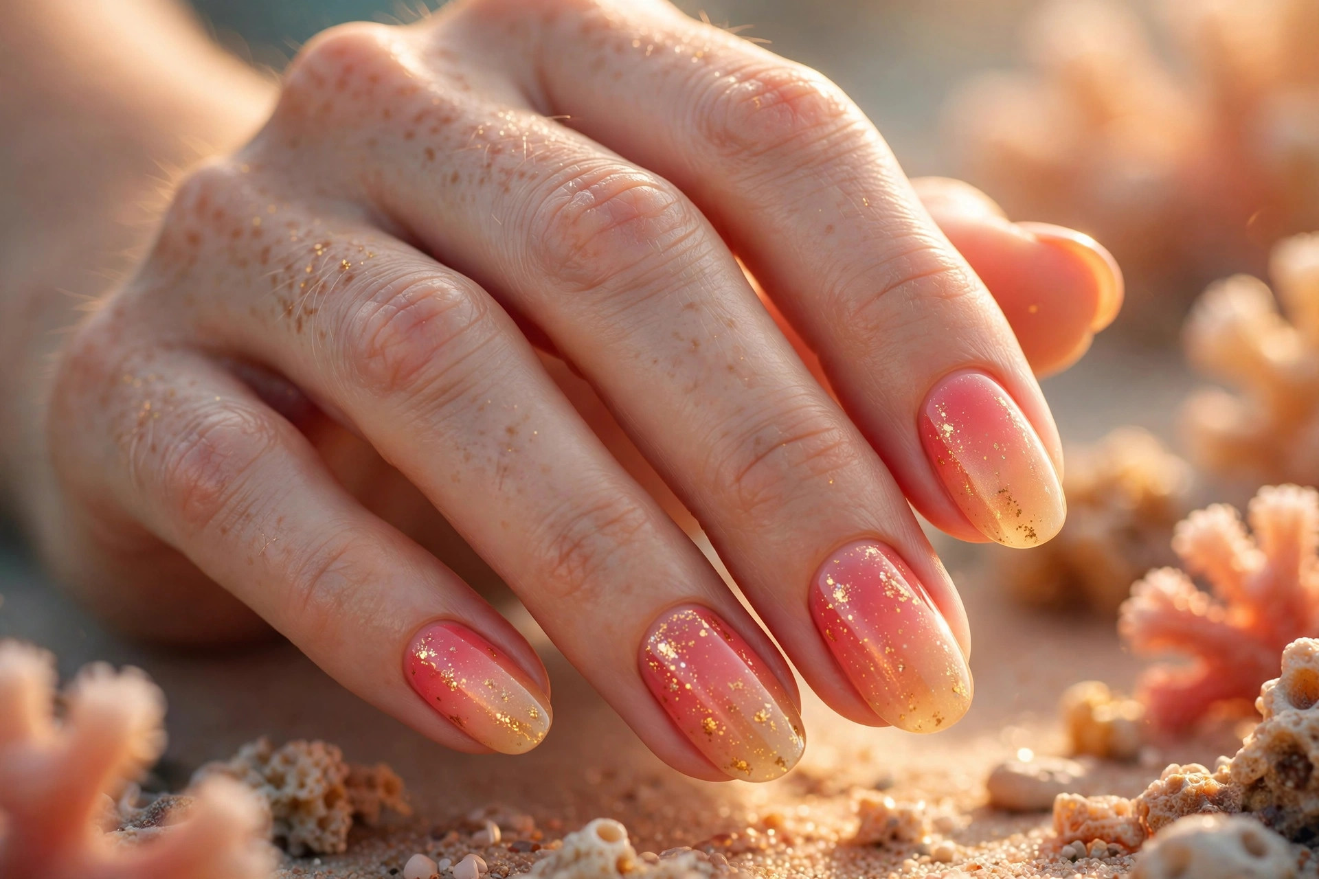 Coral to peach sunrise gradient with gold flecks