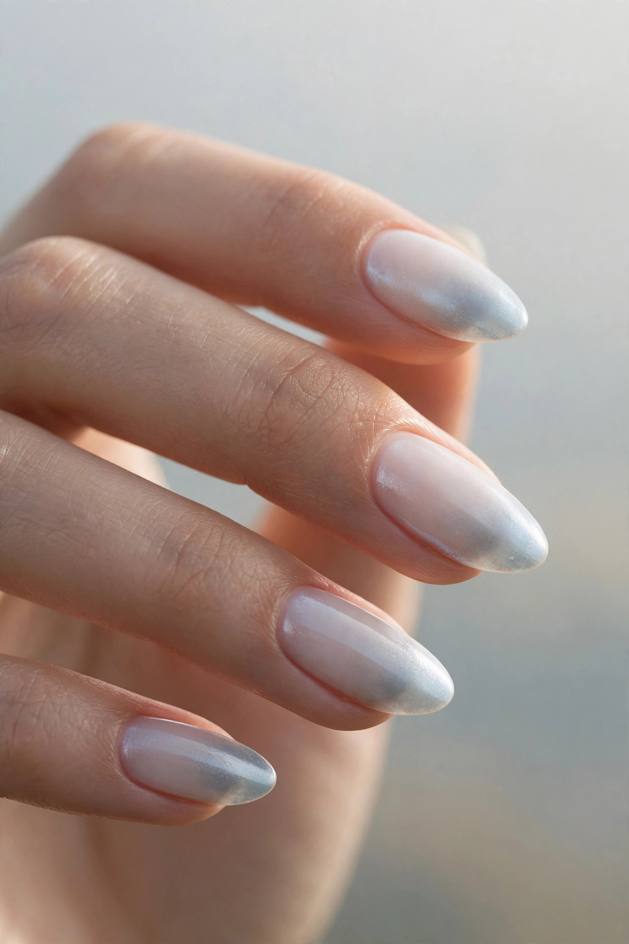 Blue-gray sea-mist chrome over sheer white nails