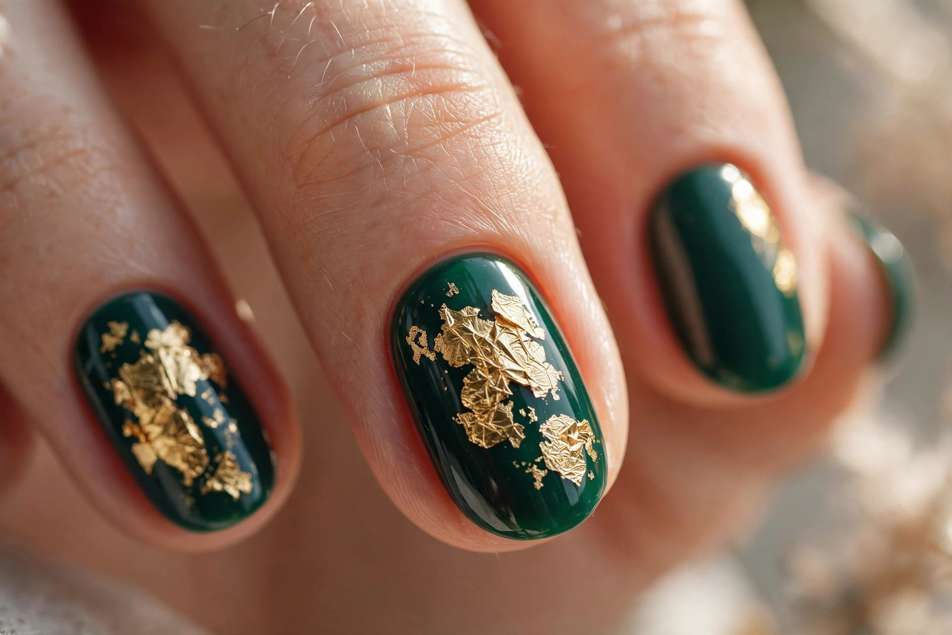 Deep emerald nails with crinkled gold foil