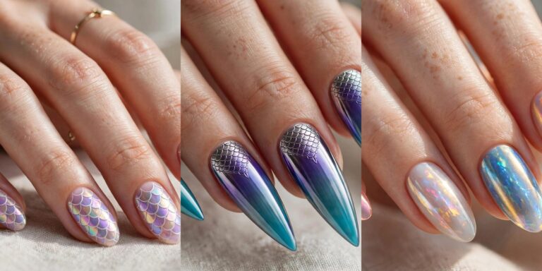 Mermaid nails collage: iridescent scales, ocean gradient stilettos, opal chrome