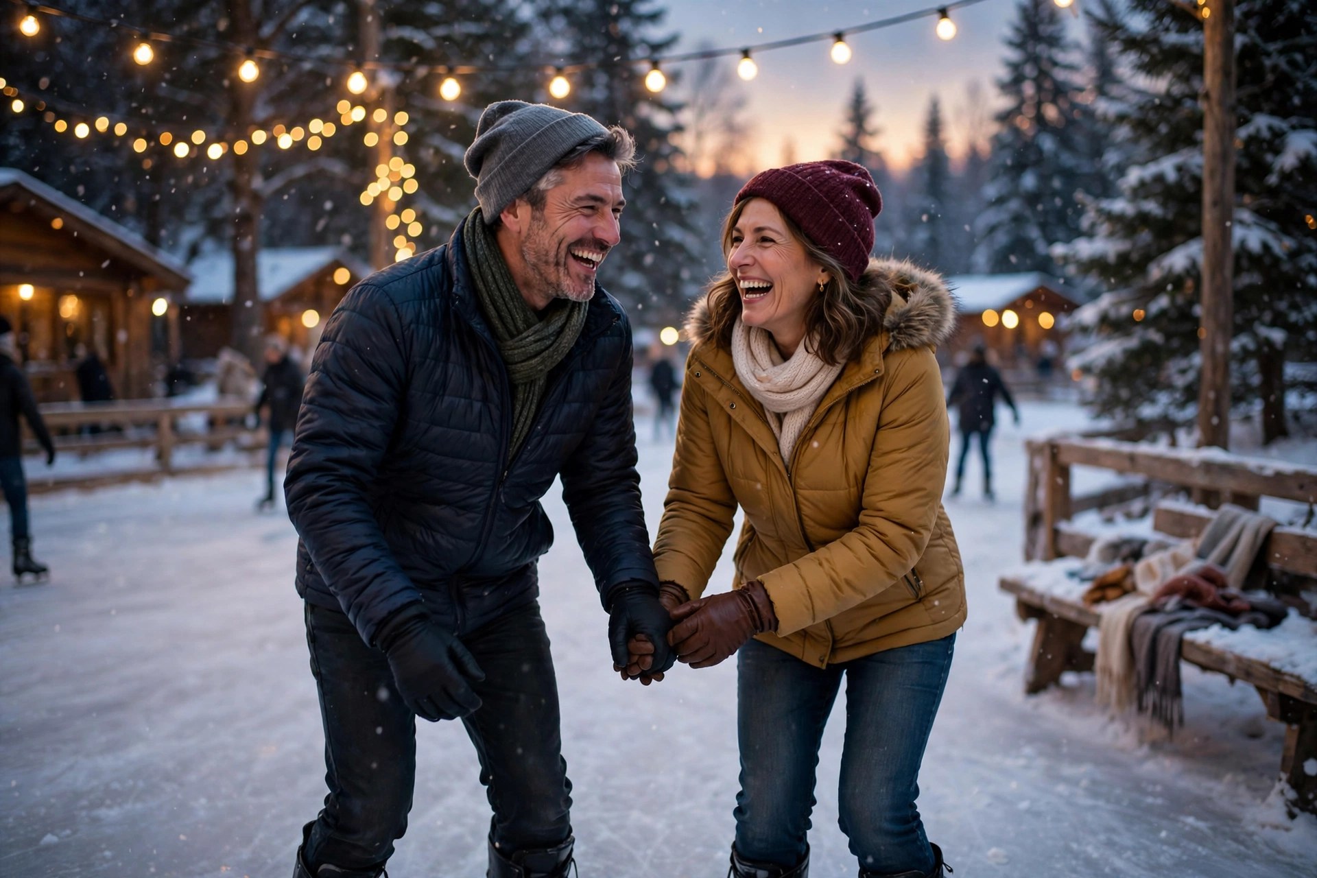 Mature couple ice skating hand in hand on an outdoor rink at dusk