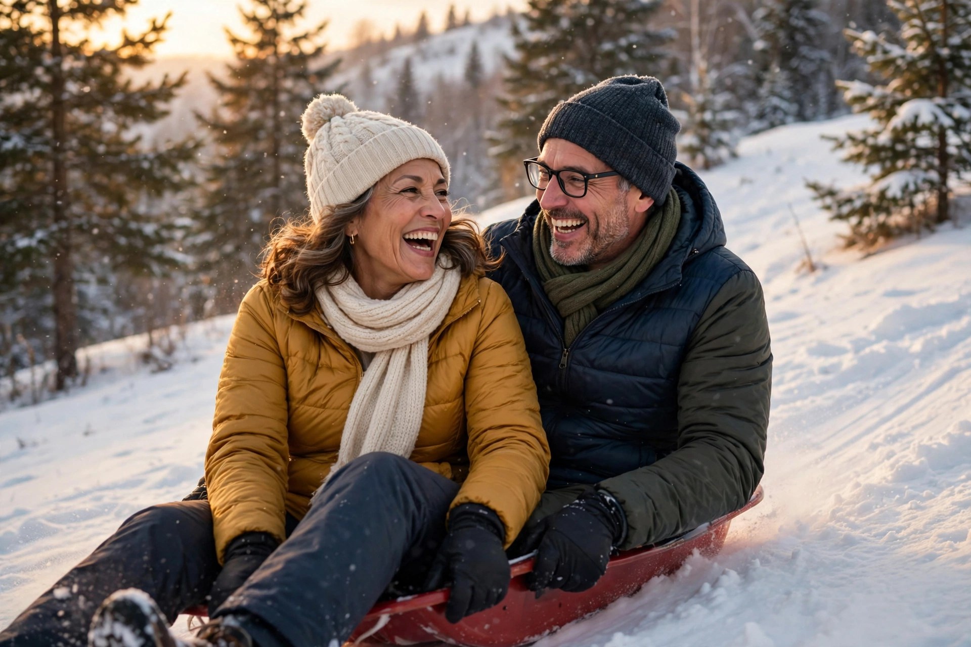 Mature couple sledding down a snowy hill together, laughing