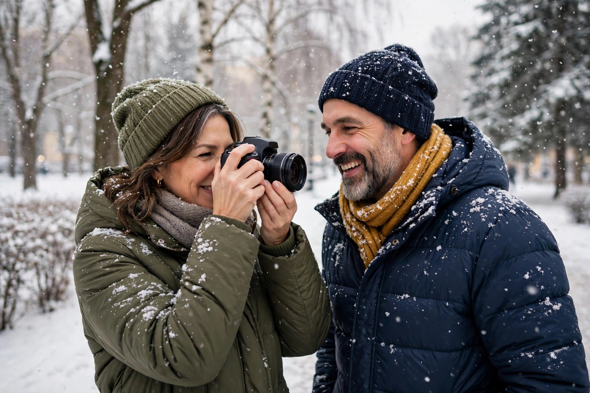 Mature couple taking photos in falling snow in a winter park