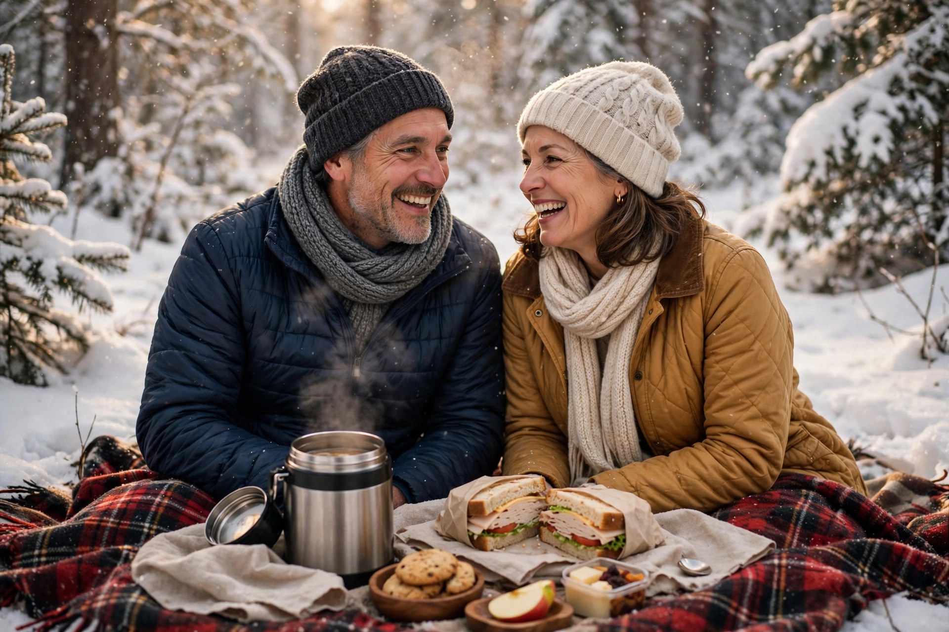 Mature couple having a winter picnic in the snow with thermos soup