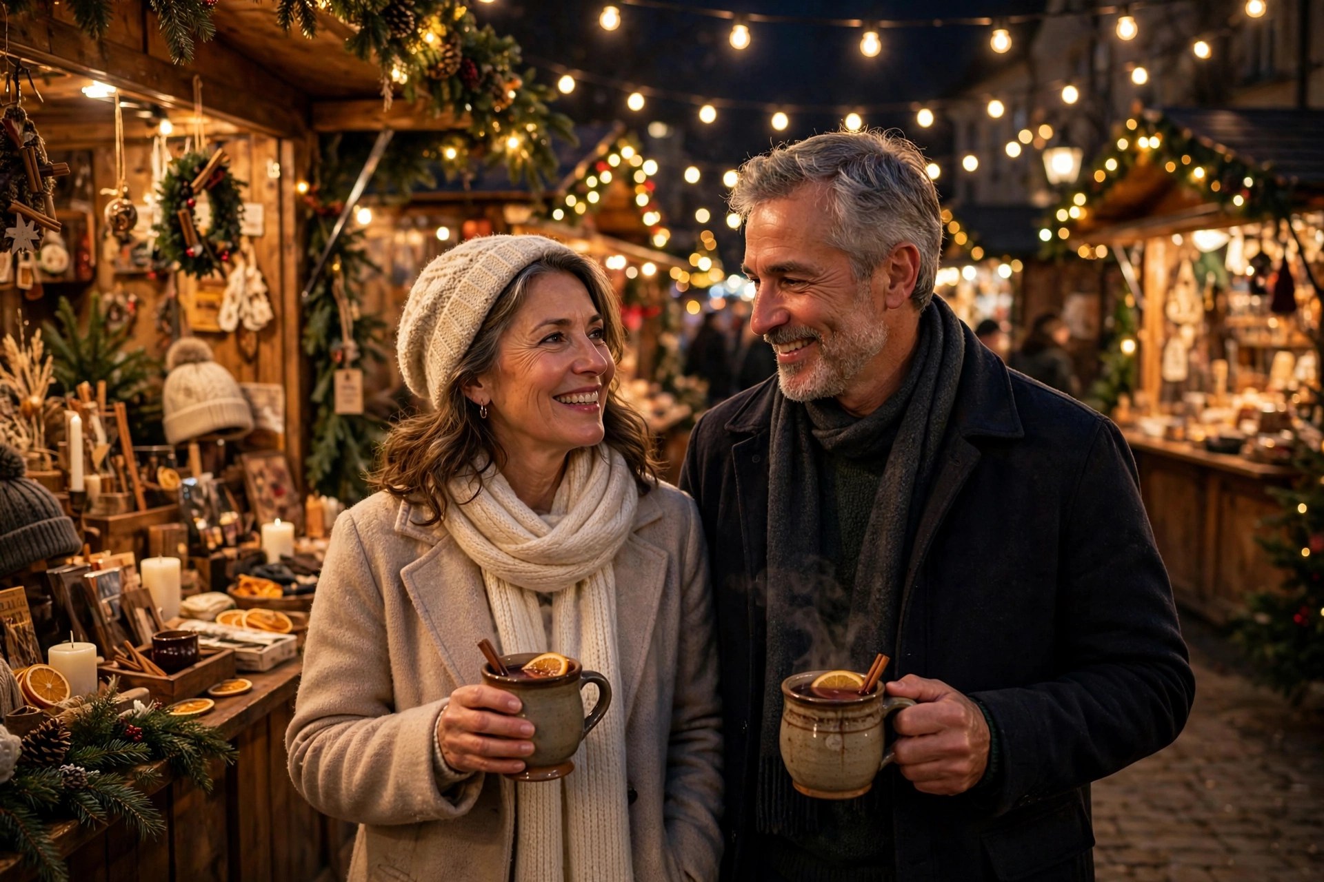 Mature couple strolling through a Christmas market at night