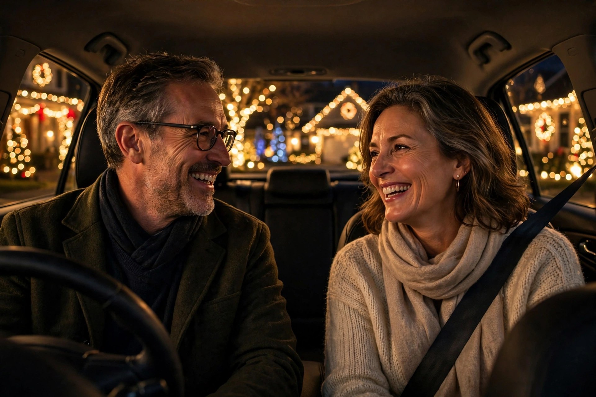 Mature couple driving through holiday light displays at night