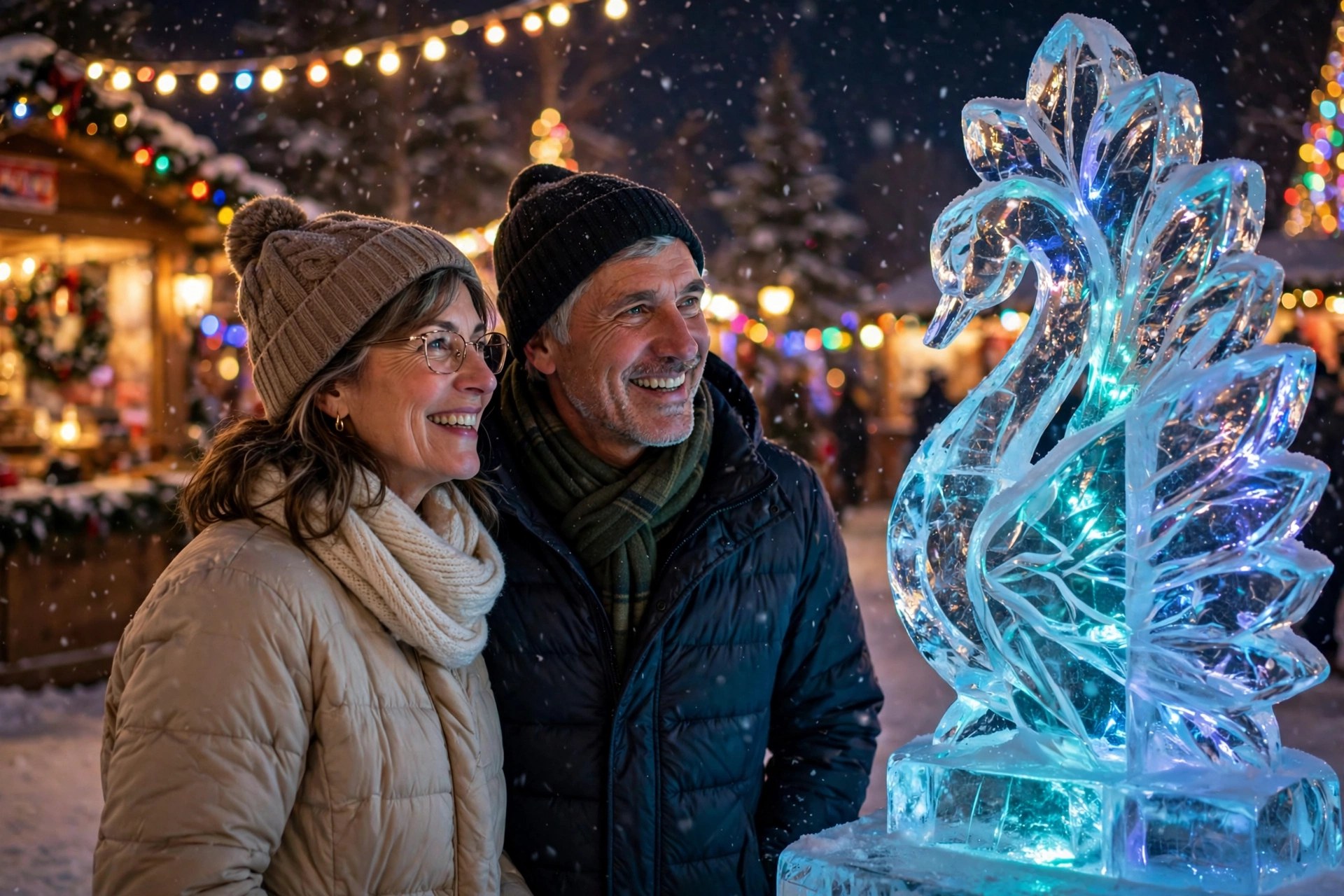 Mature couple admiring a glowing ice sculpture at a winter festival