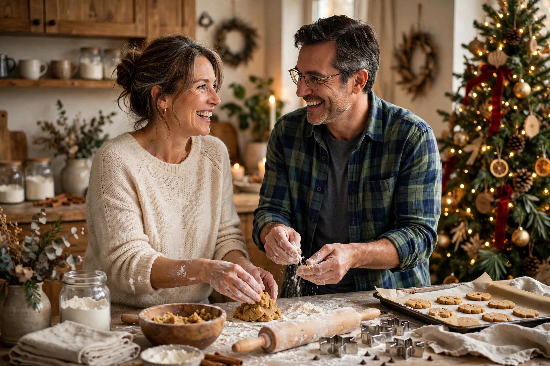 Mature couple baking holiday cookies together in a cozy kitchen