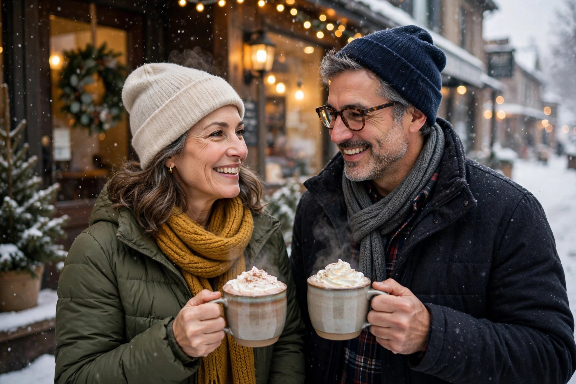Mature couple with steaming hot chocolates outside a snowy cafe