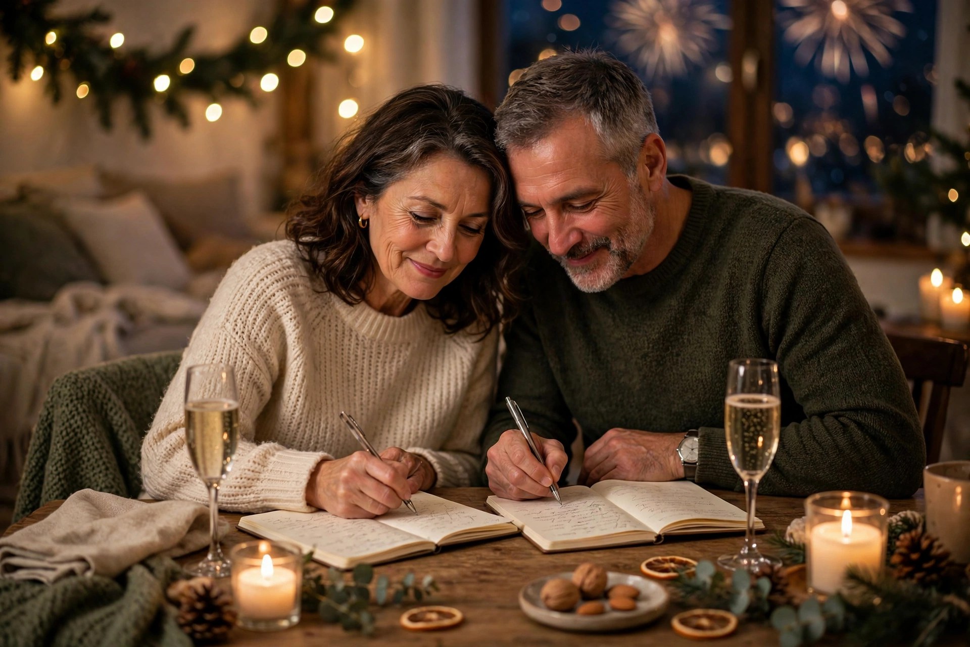Mature couple writing New Year dreams together by candlelight