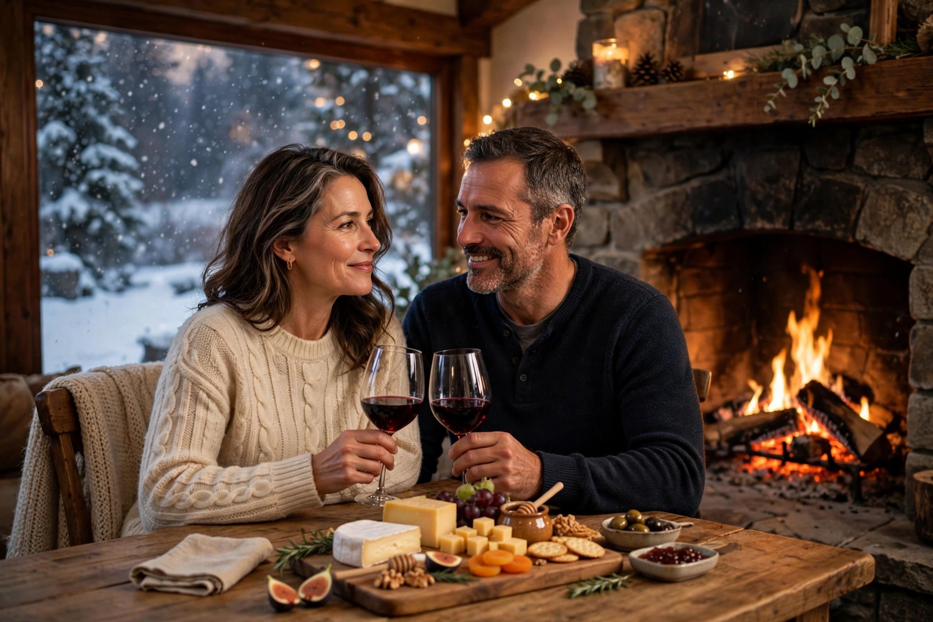 Mature couple enjoying wine and cheese by a crackling fireplace