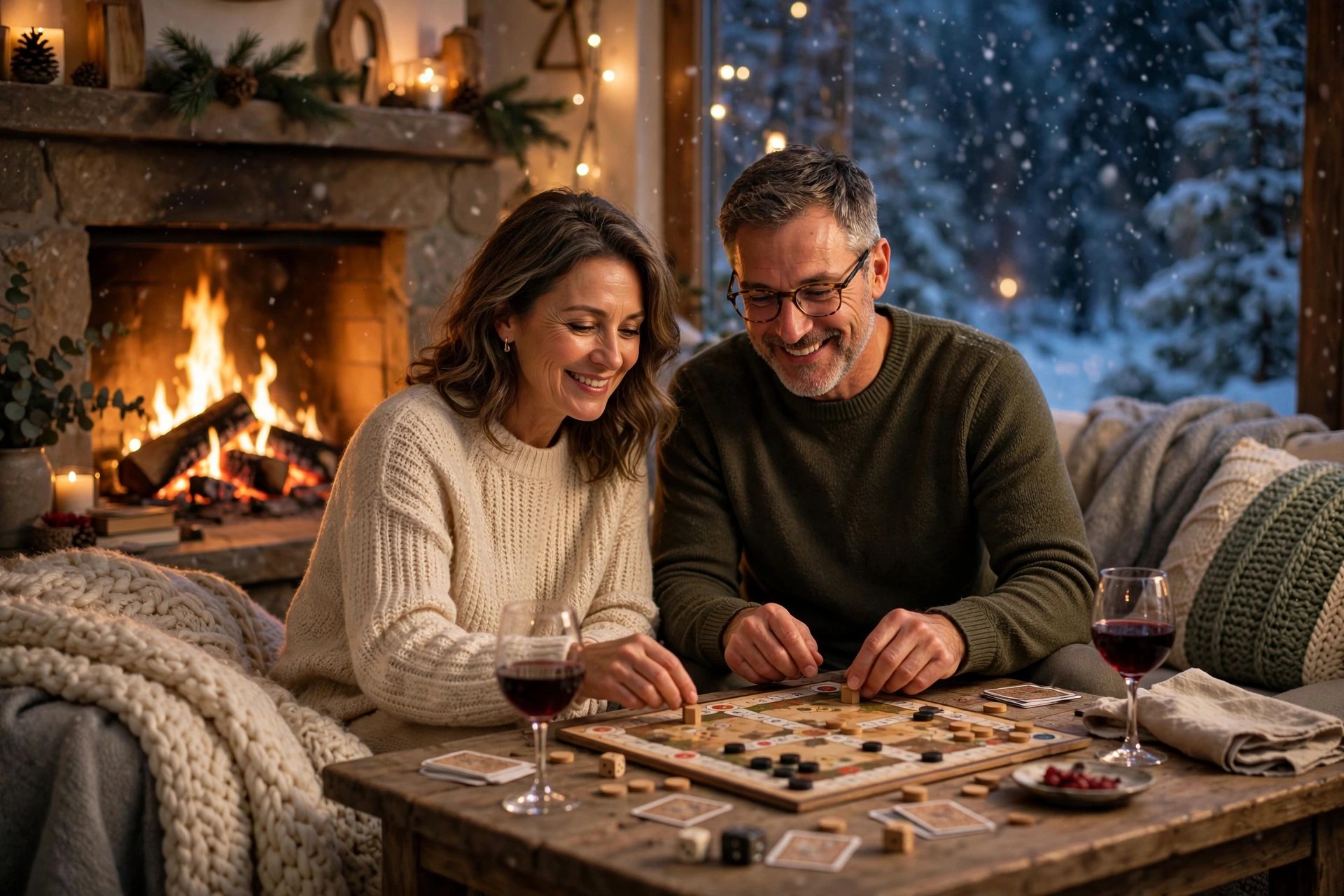 Mature couple playing a board game by the fireplace on a snowy evening