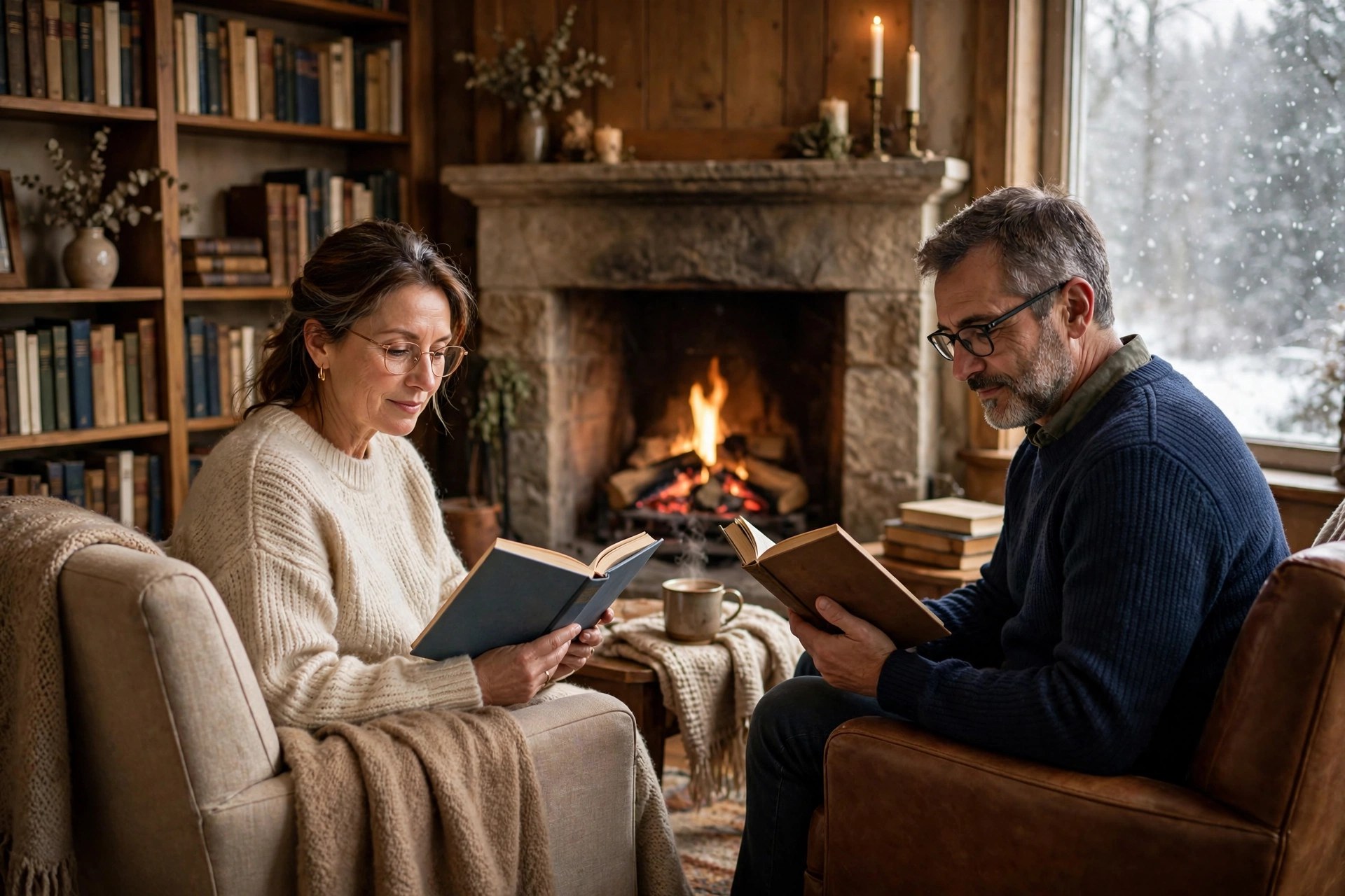 Mature couple reading side by side in armchairs by a fireplace