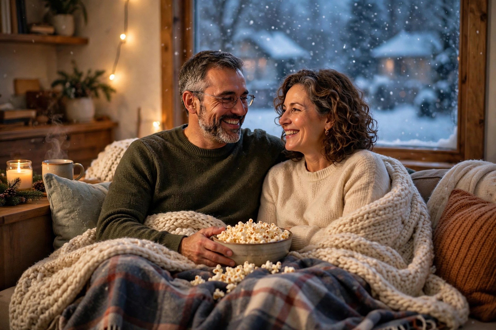 Mature couple having a winter movie marathon on a couch with blankets