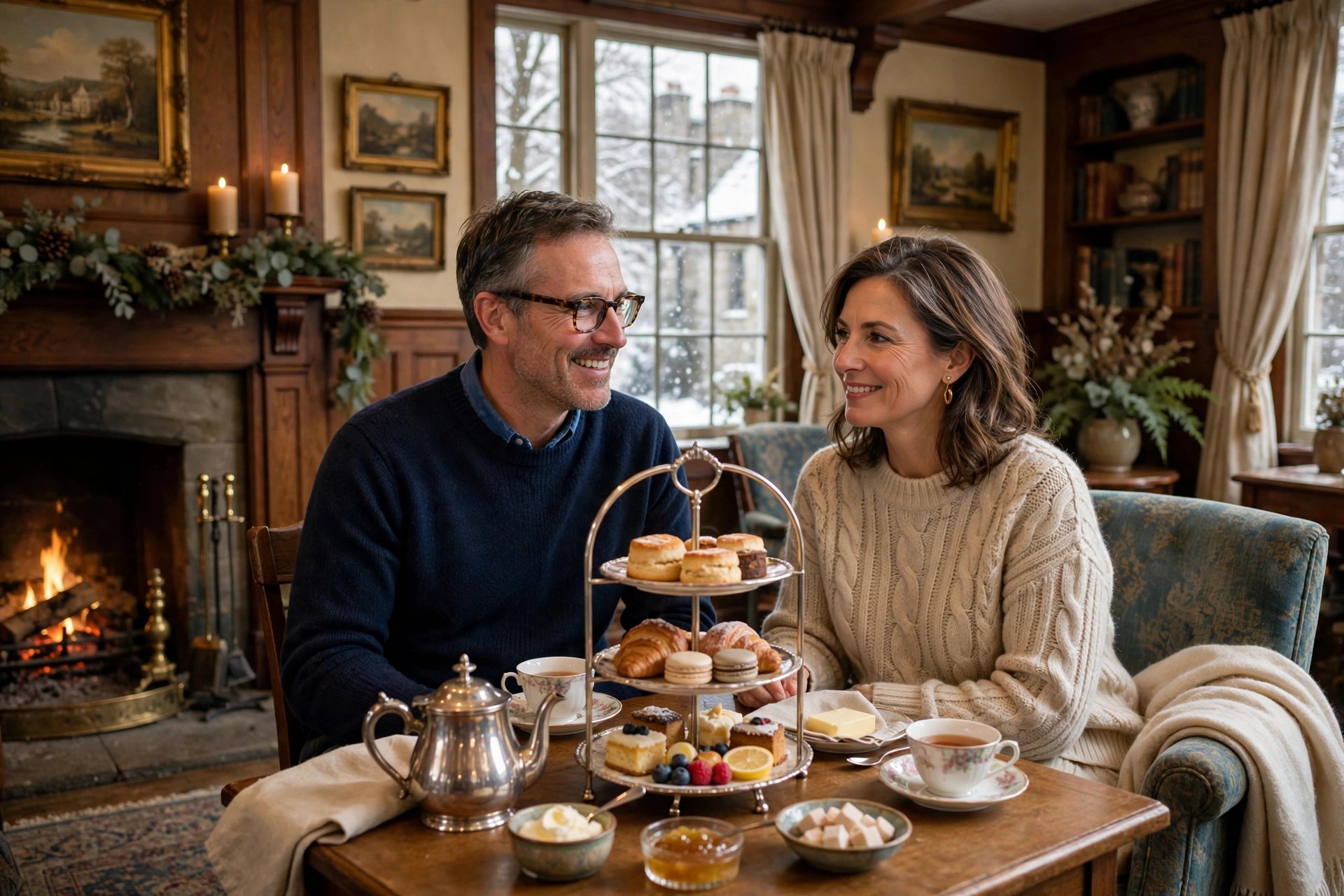 Mature couple having afternoon tea in a historic inn parlor