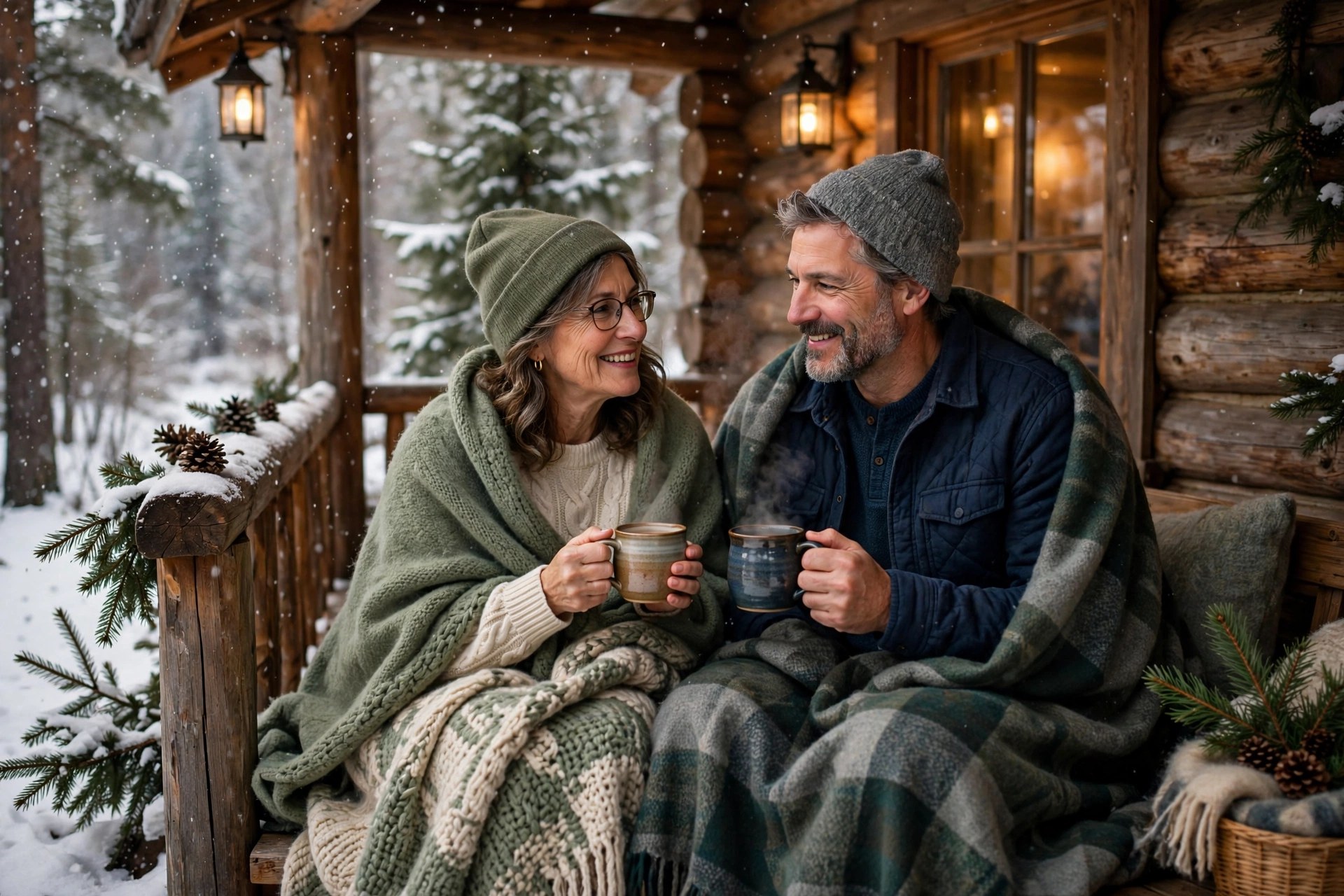 Mature couple on a snowy cabin porch wrapped in blankets