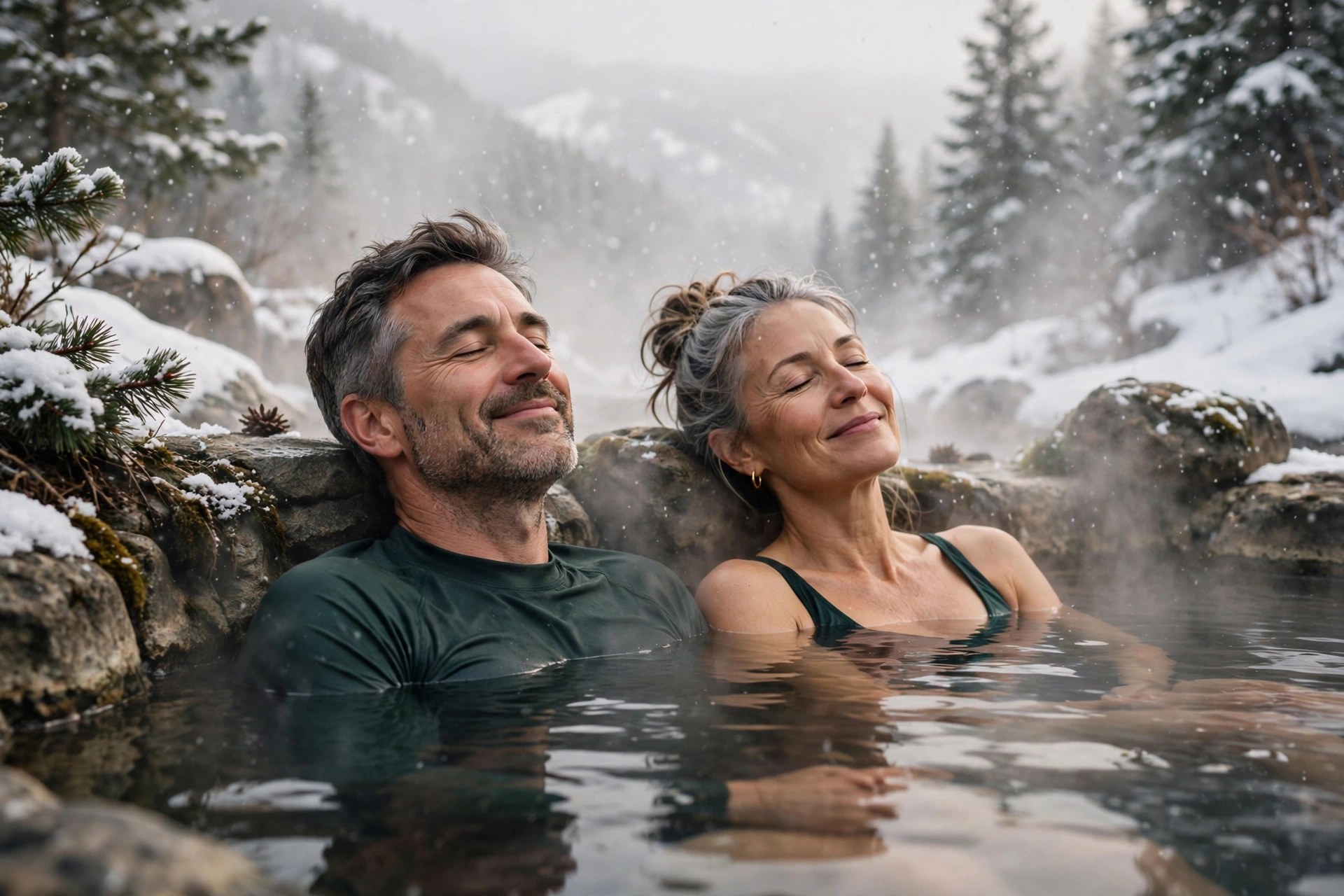 Mature couple relaxing in an outdoor hot spring surrounded by snow