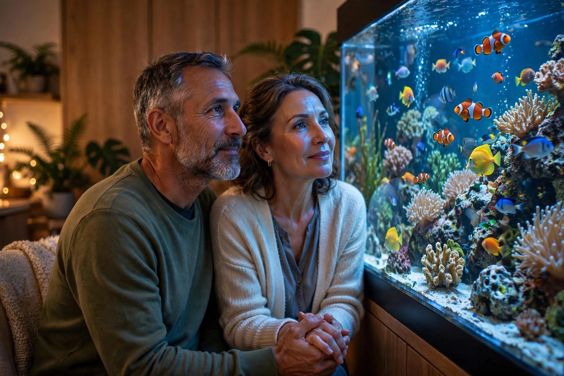 Mature couple watching a large aquarium tank, holding hands