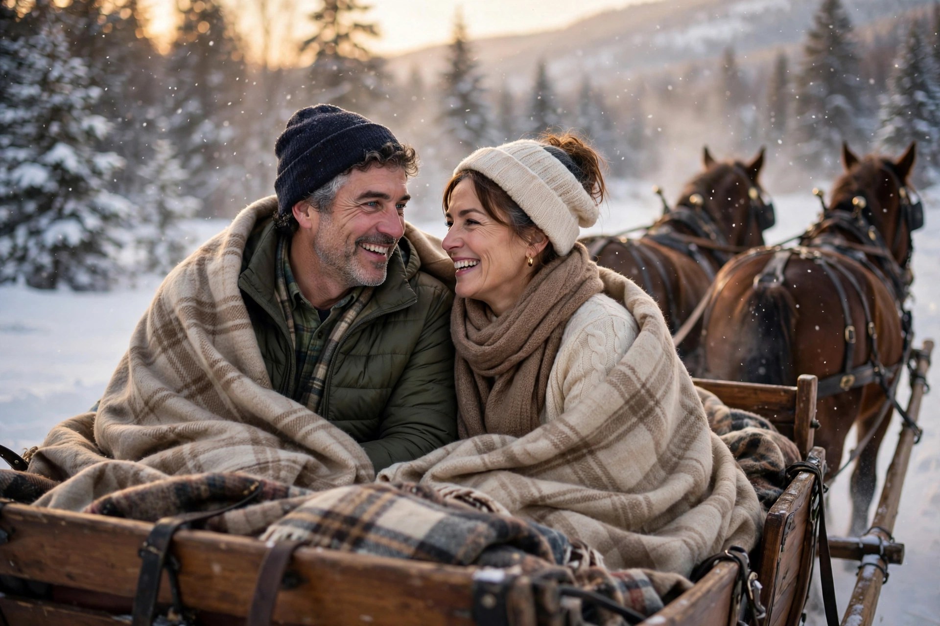 Mature couple on a horse-drawn sleigh ride through snow