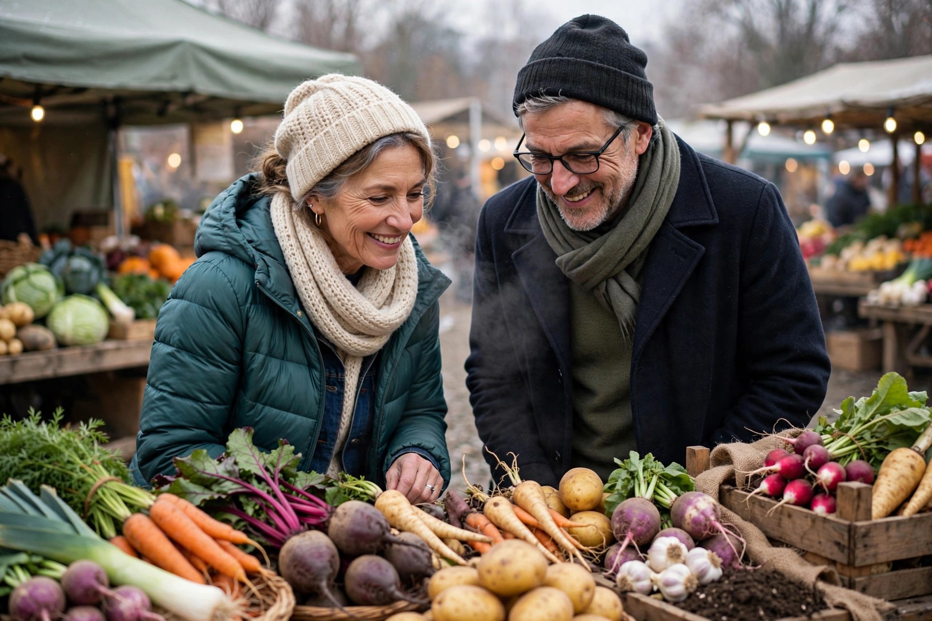 Mature couple at an outdoor winter farmers market stall