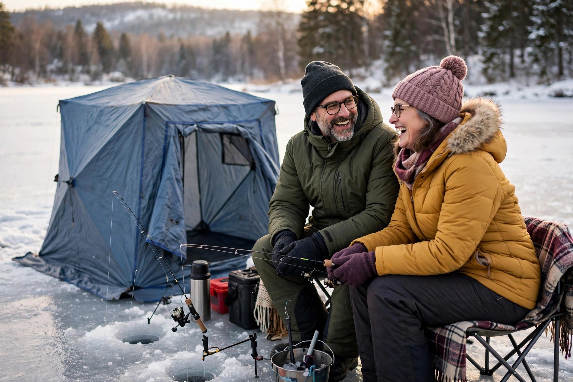 Mature couple ice fishing on a frozen lake together